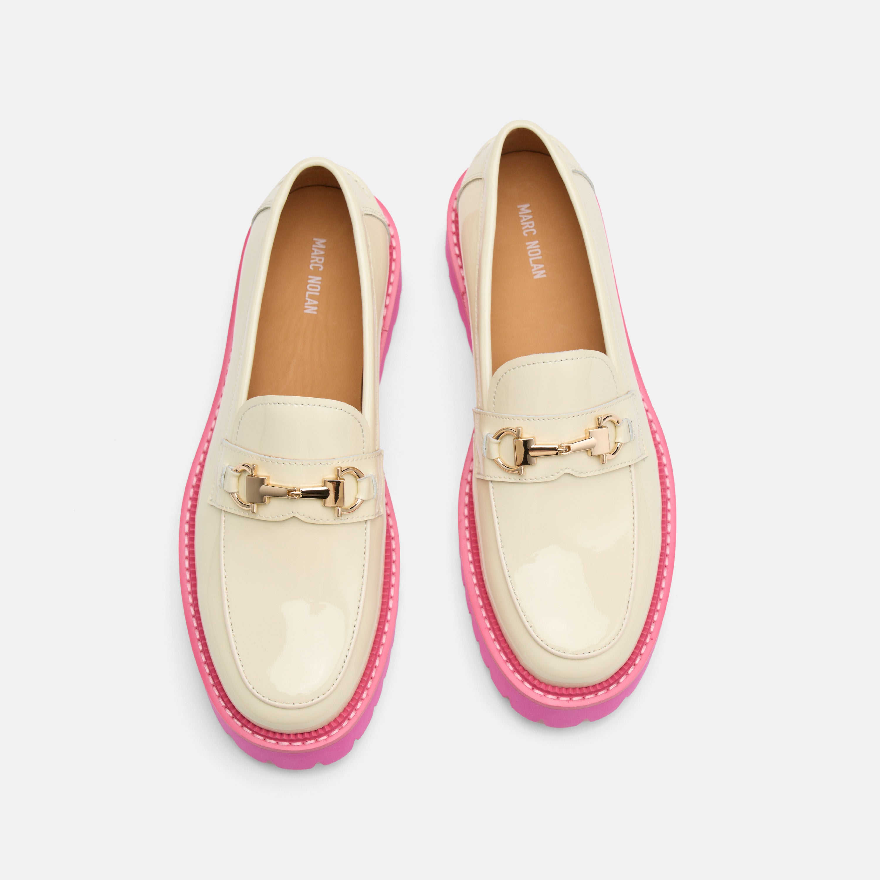 Ms. Boulevard Cream/Pink Patent Leather Bit Loafers