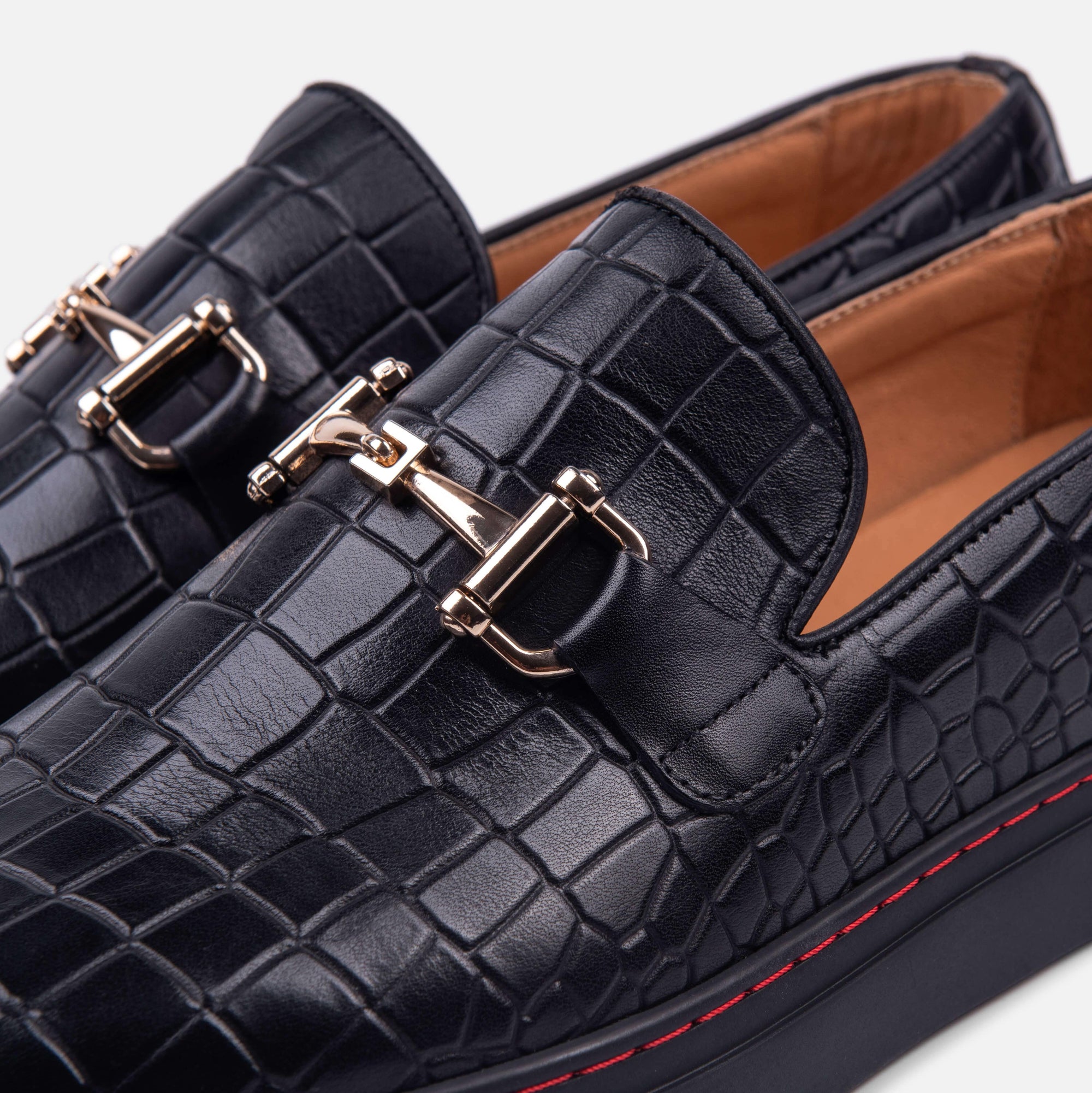 Boardwalk Black Crocskin Leather Horse-Bit Sneakers