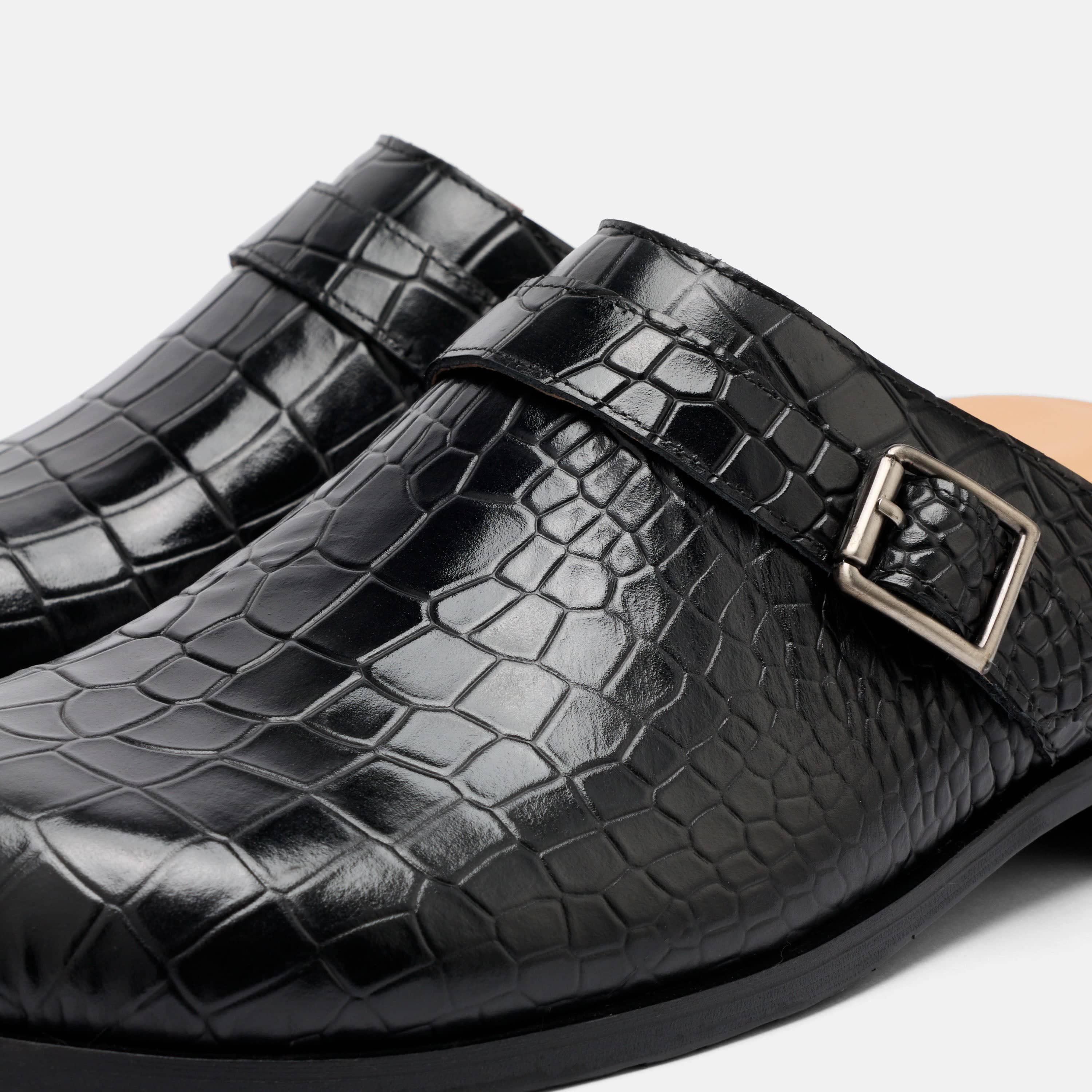 Diego Black Croc Leather Strap Mules