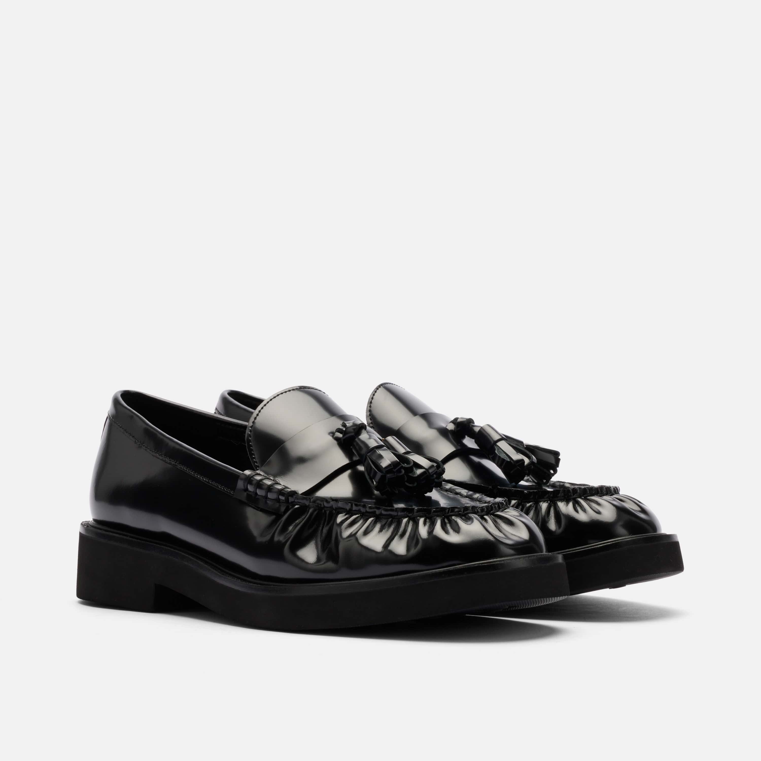 Ella Black Pleated Leather Tassel Loafer