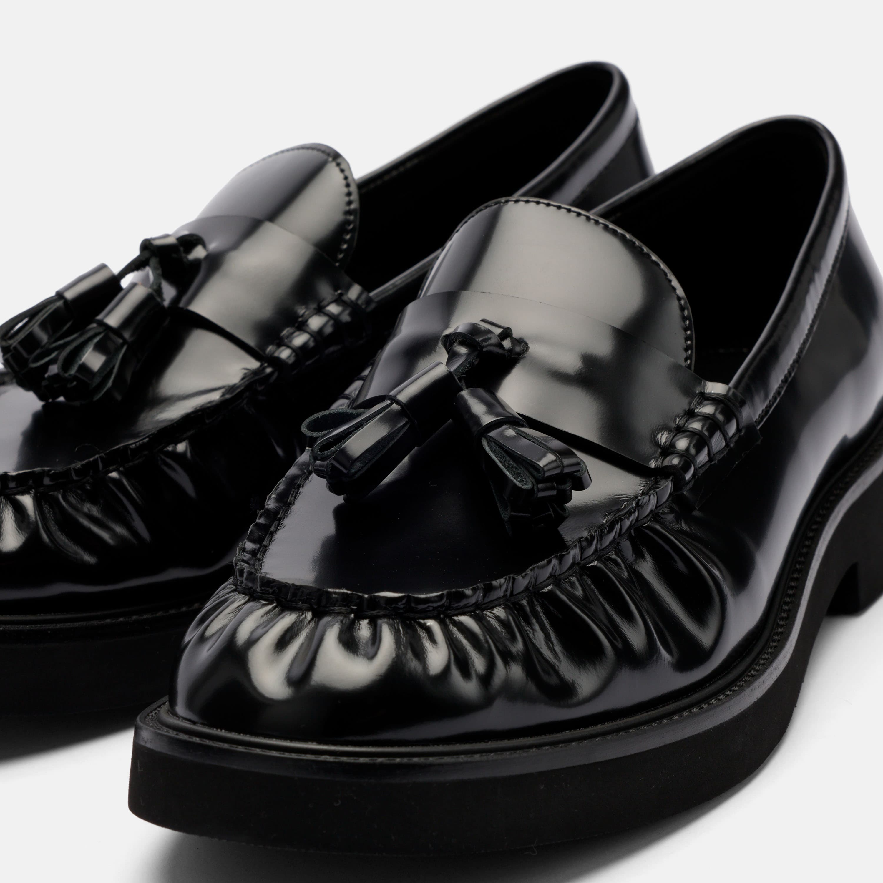 Ella Black Pleated Leather Tassel Loafer