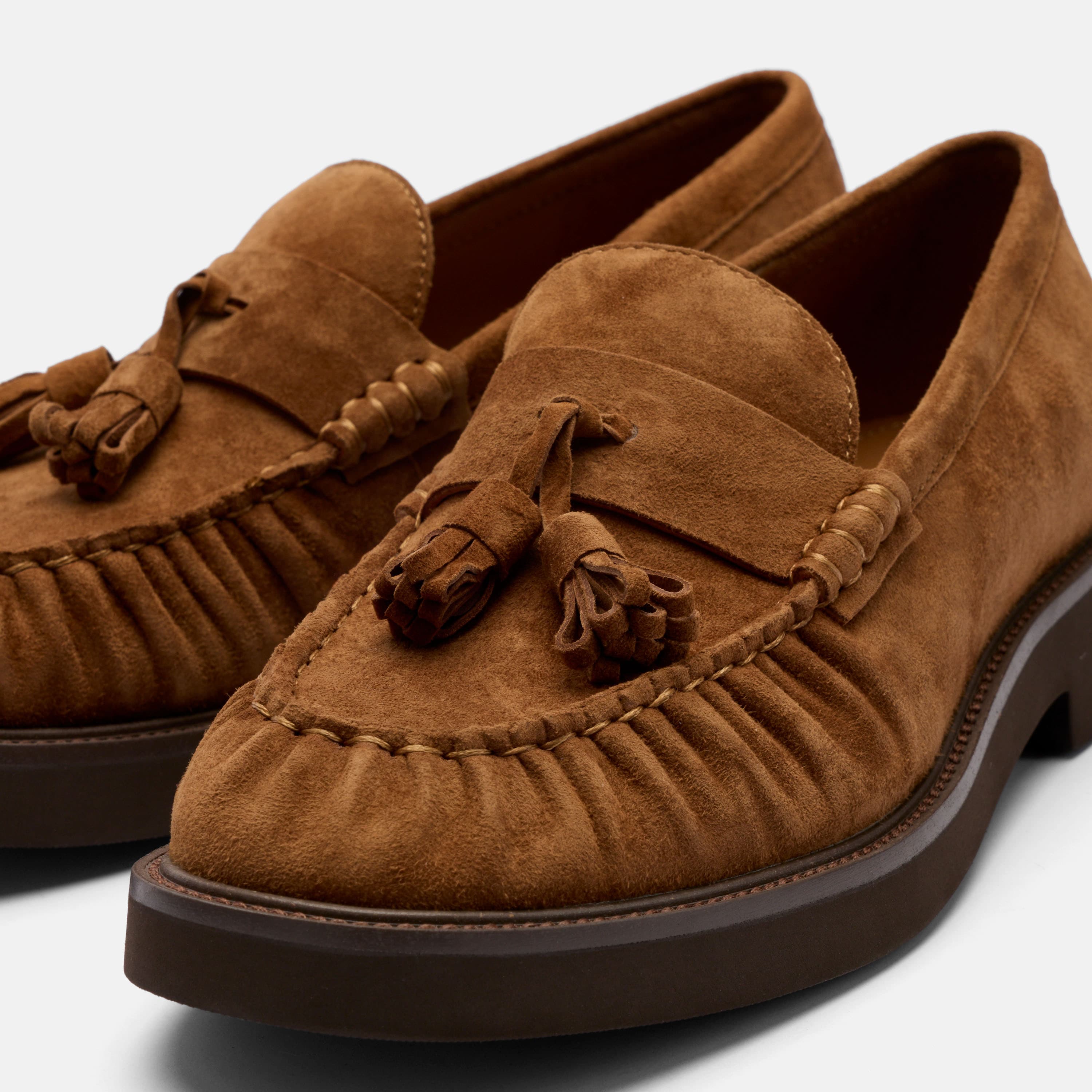 Ella Caramel Pleated Suede Tassel Loafer
