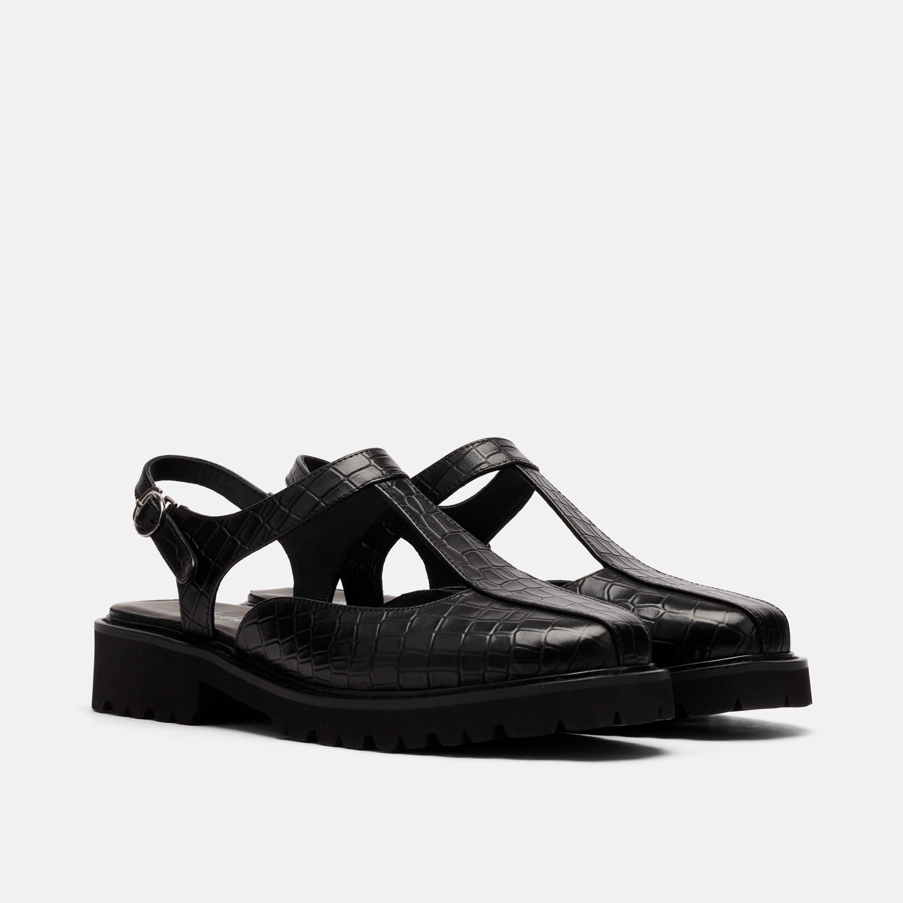 Frankie Black Crocskin Leather Mary Jane Slingbacks