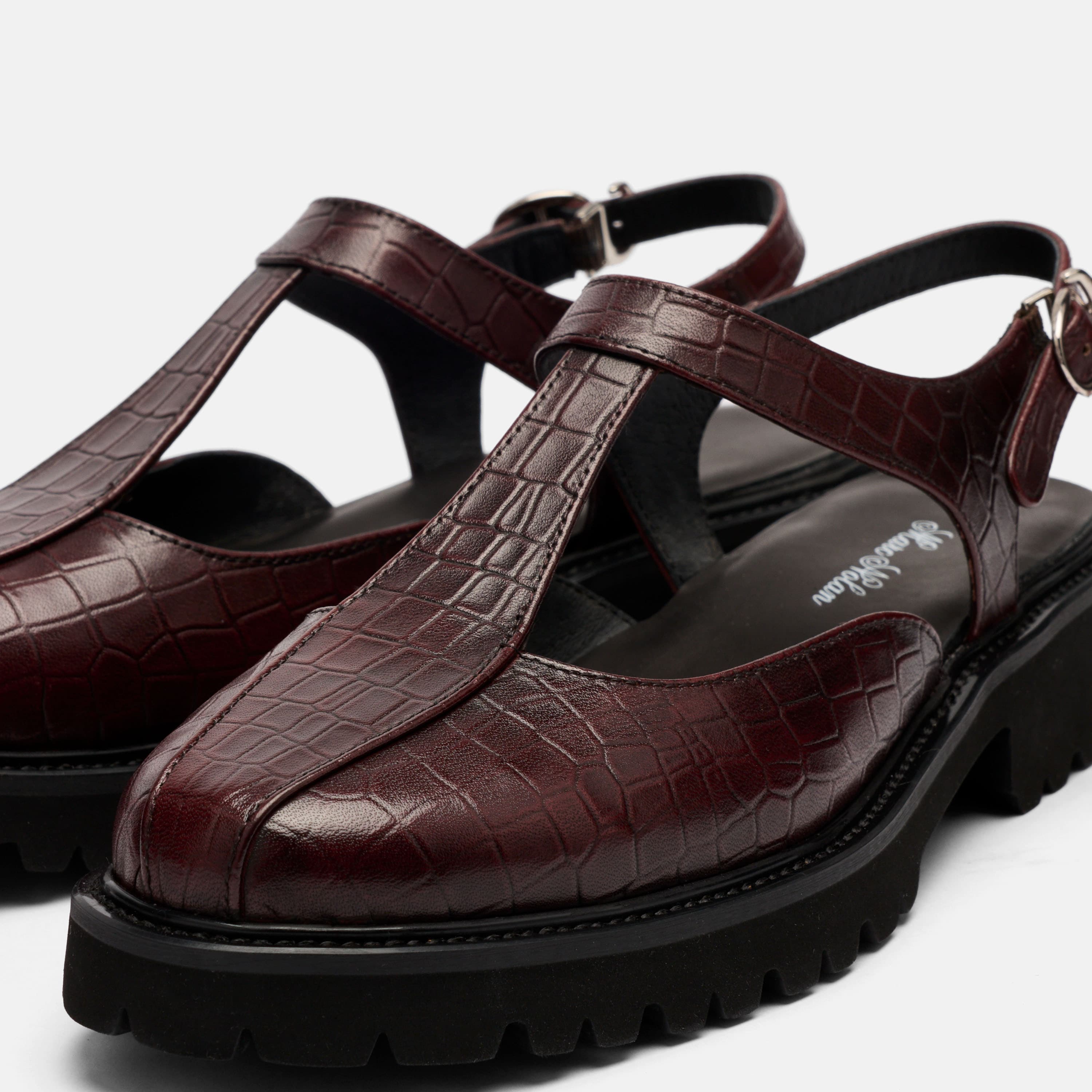 Frankie Wine Crocskin Leather Mary Jane Slingbacks