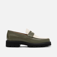 Adler Olive/White Leather Lug Penny Loafers