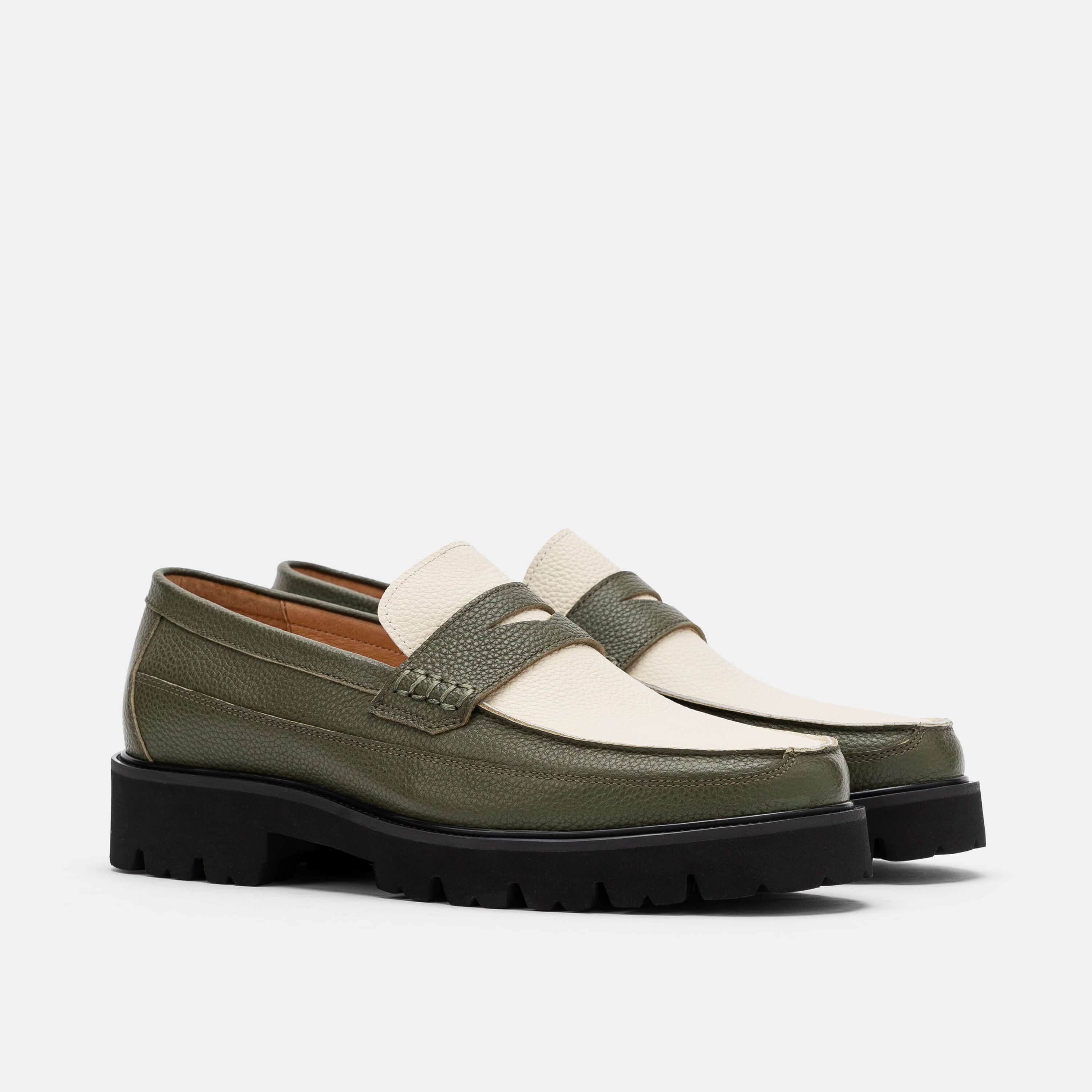 Adler Olive/White Leather Lug Penny Loafers