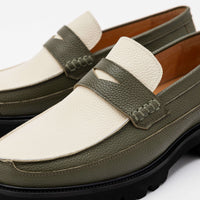 Adler Olive/White Leather Lug Penny Loafers