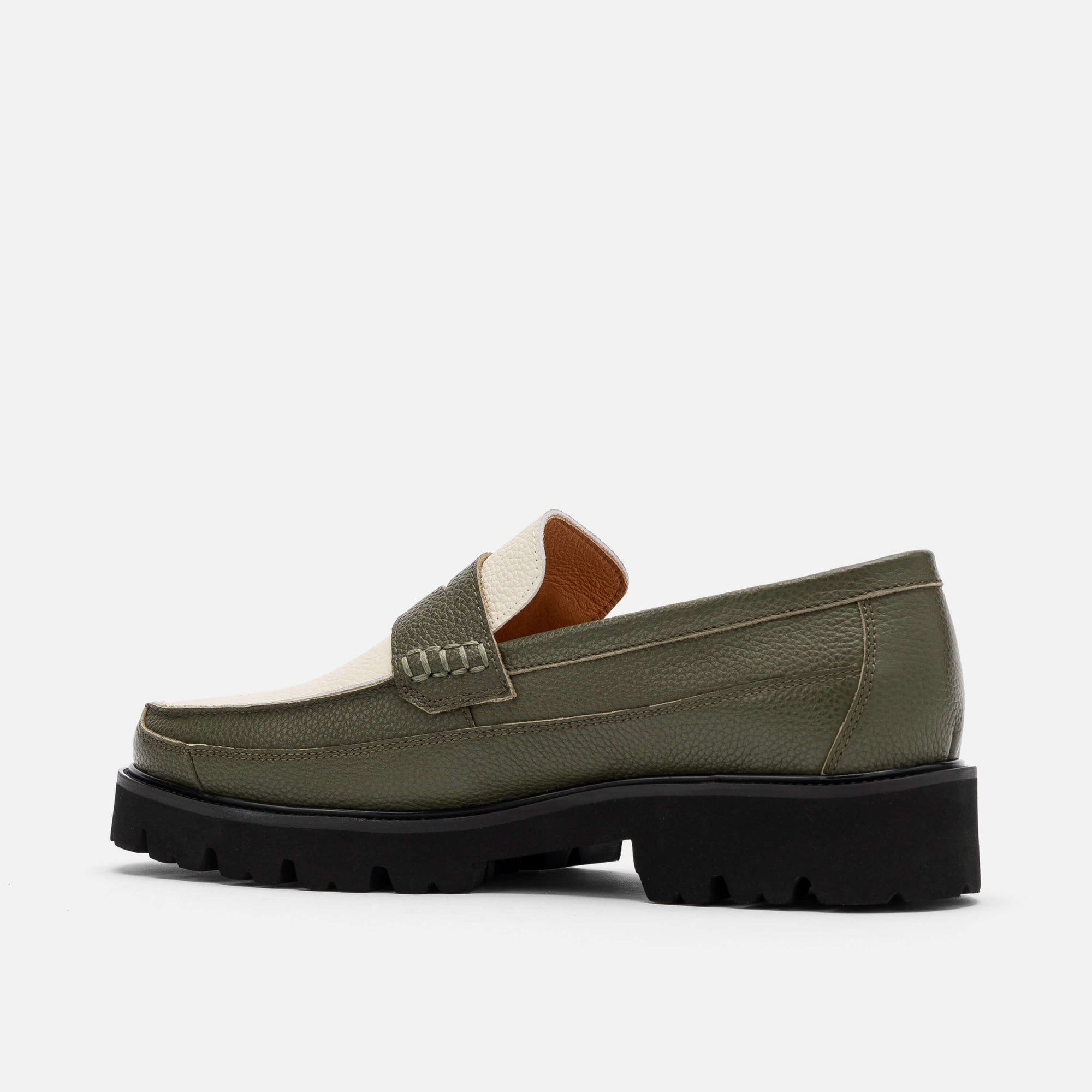 Adler Olive/White Leather Lug Penny Loafers