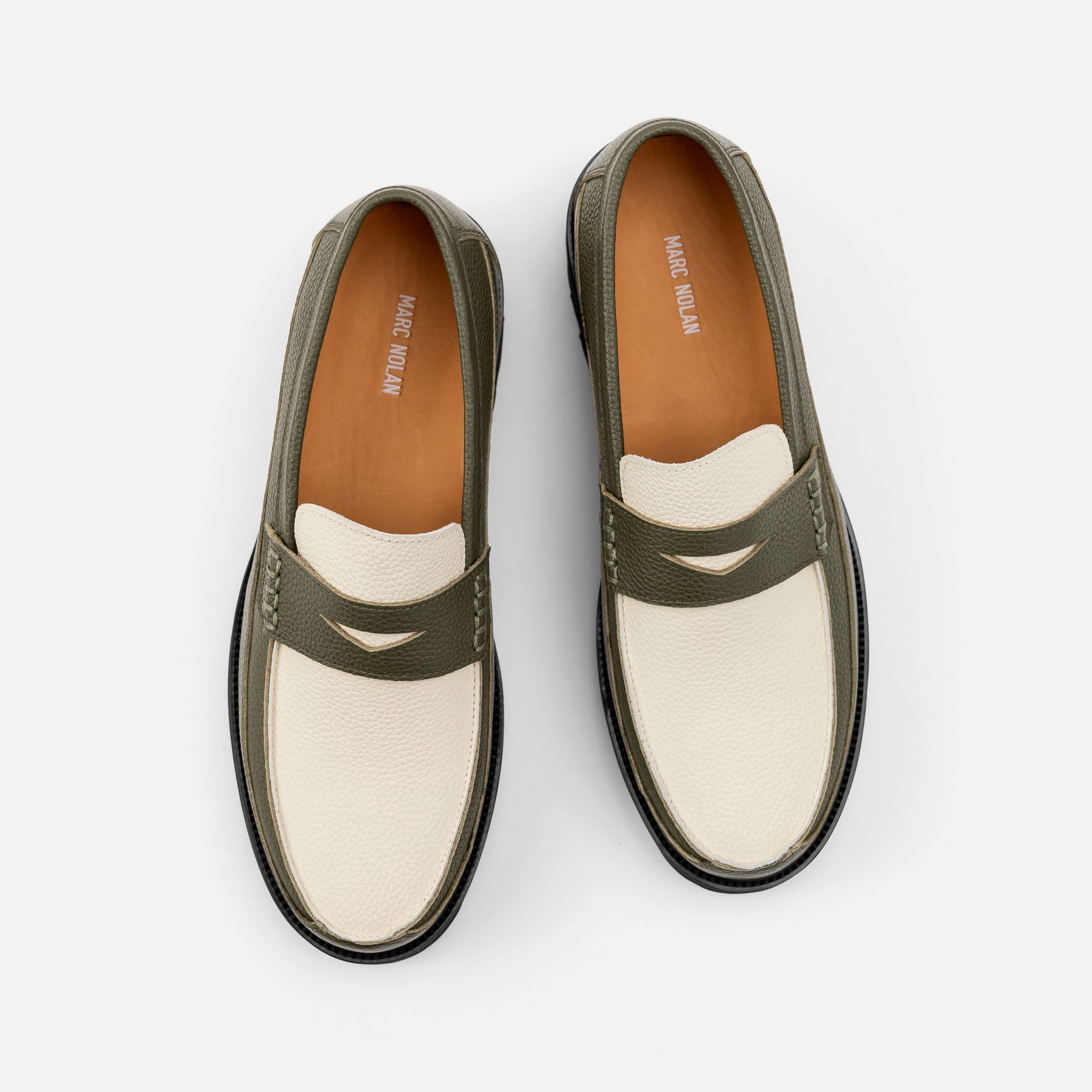 Adler Olive/White Leather Lug Penny Loafers