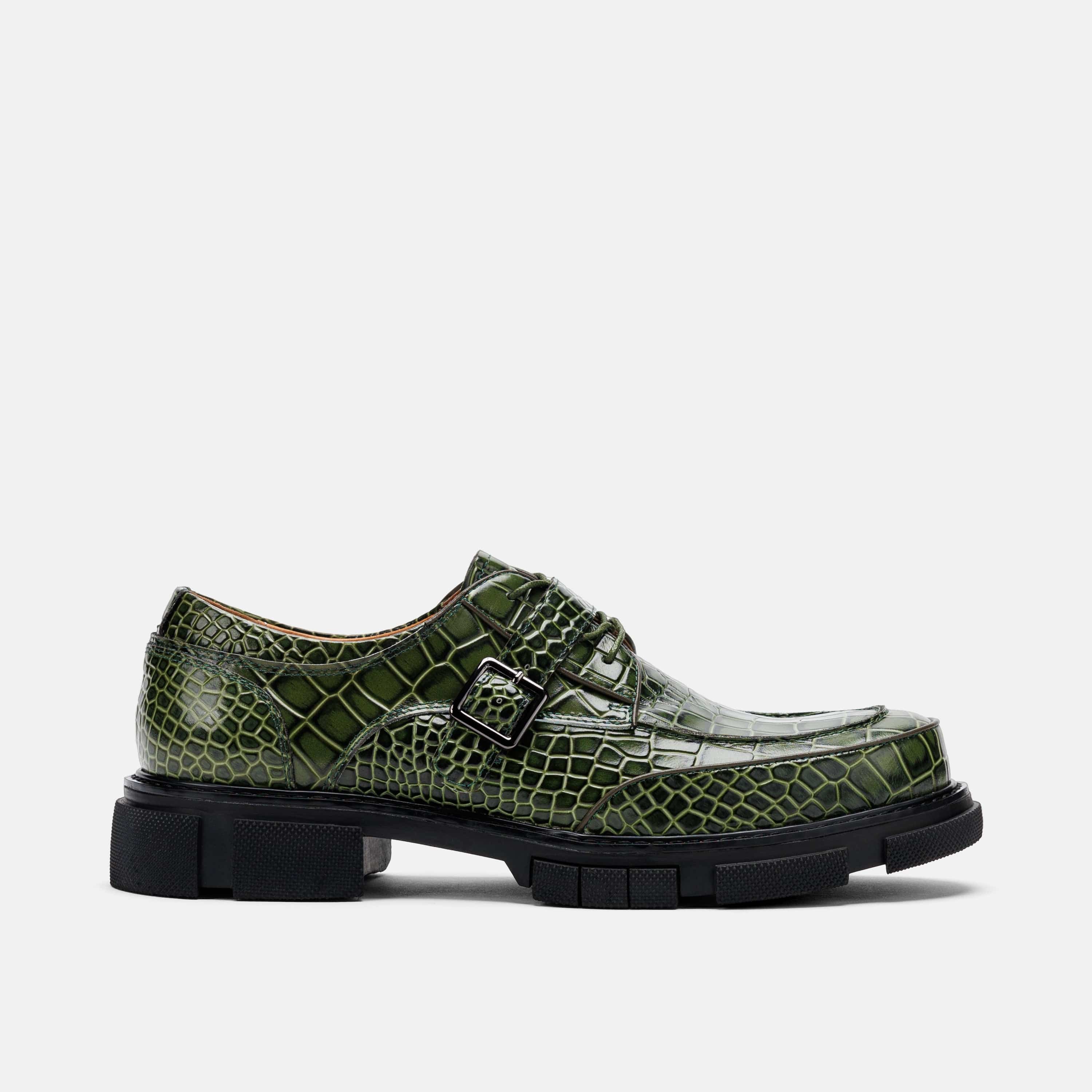 Atlas Low Green Croc Leather Derbys