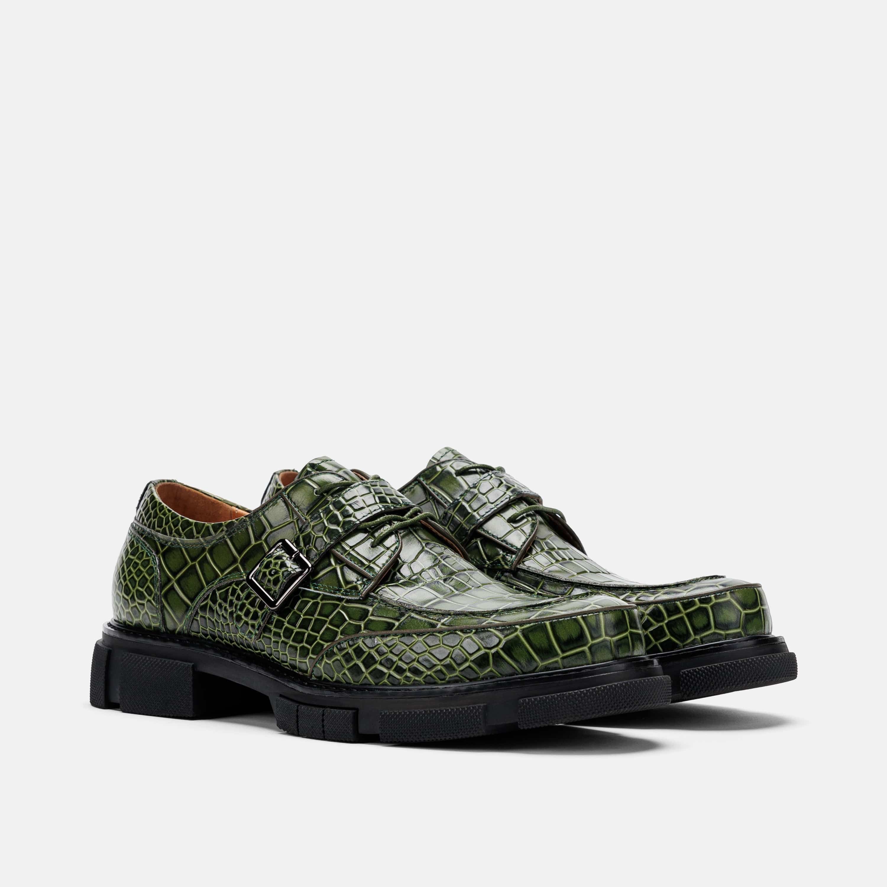 Atlas Low Green Croc Leather Derbys