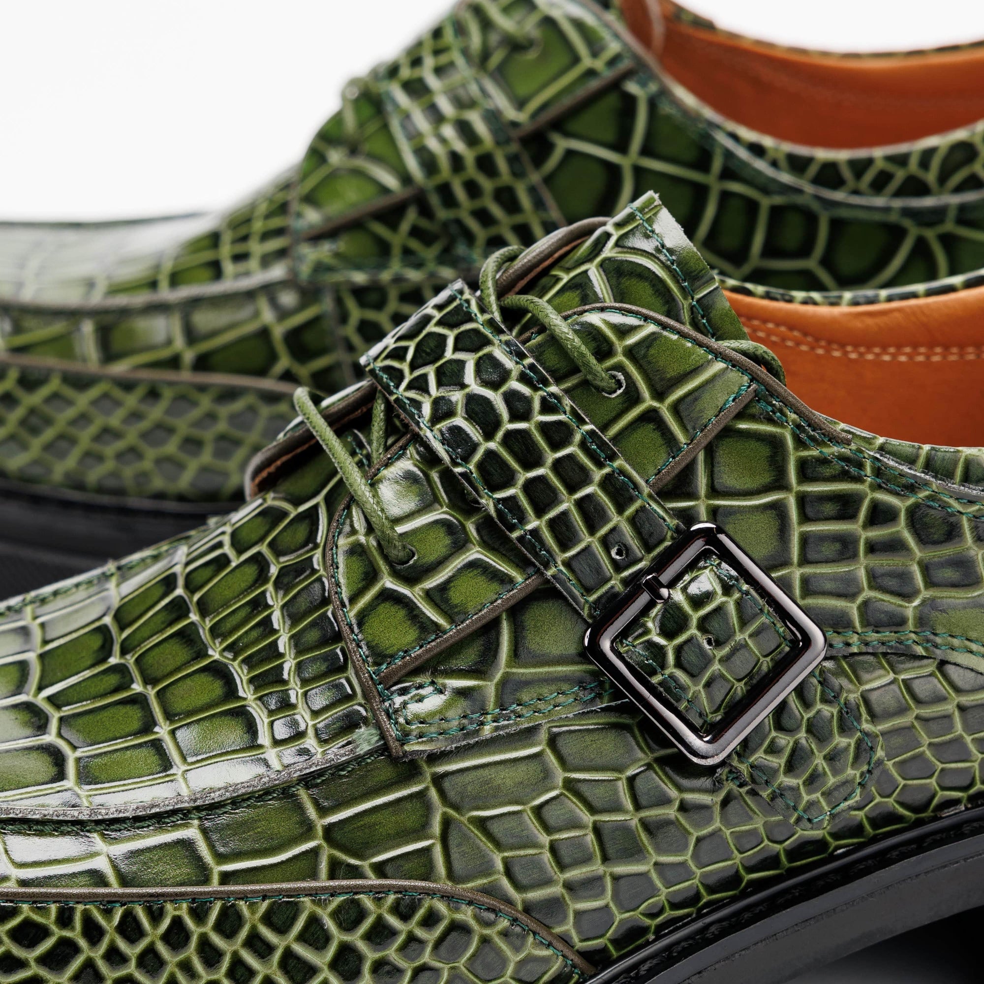 Atlas Low Green Croc Leather Derbys