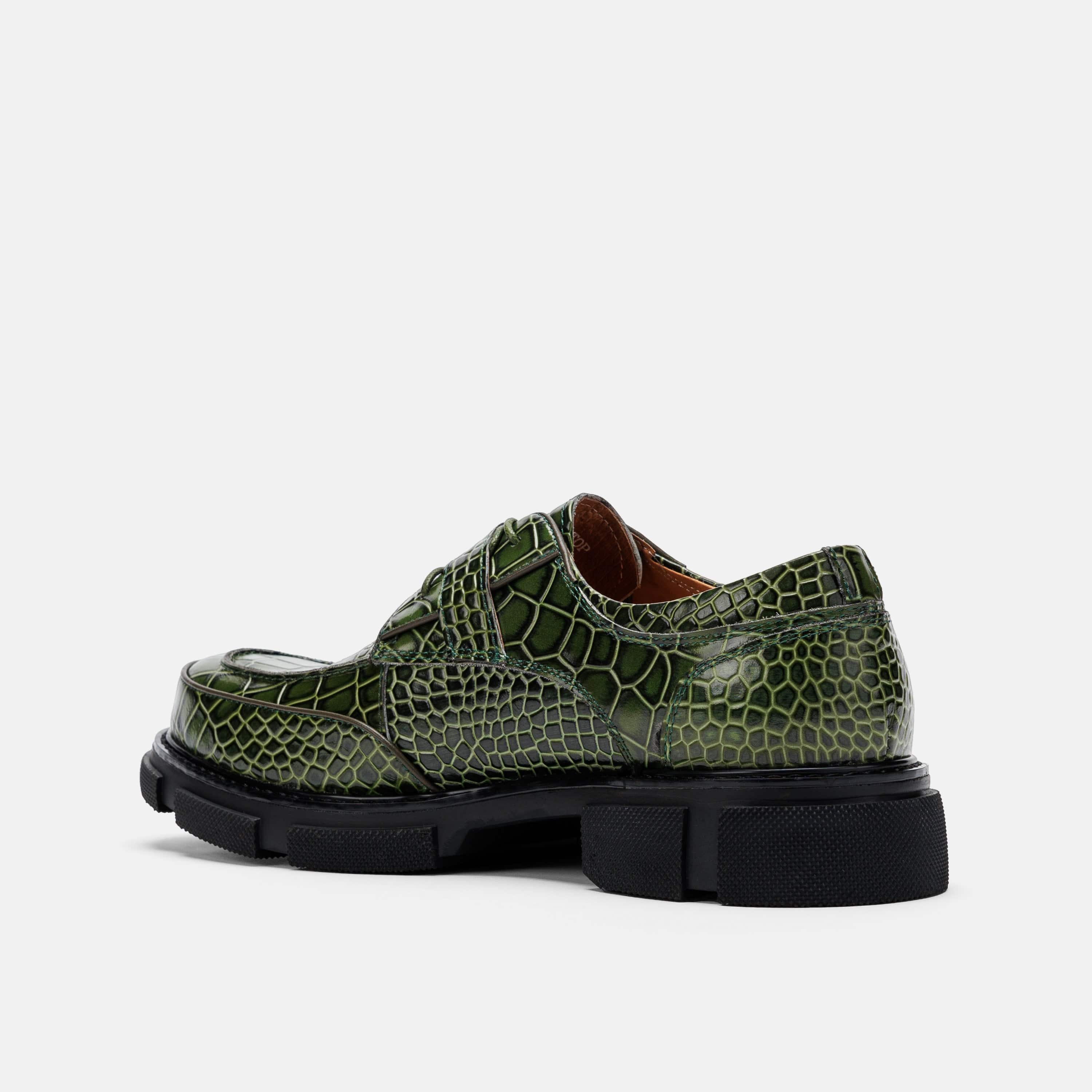 Atlas Low Green Croc Leather Derbys