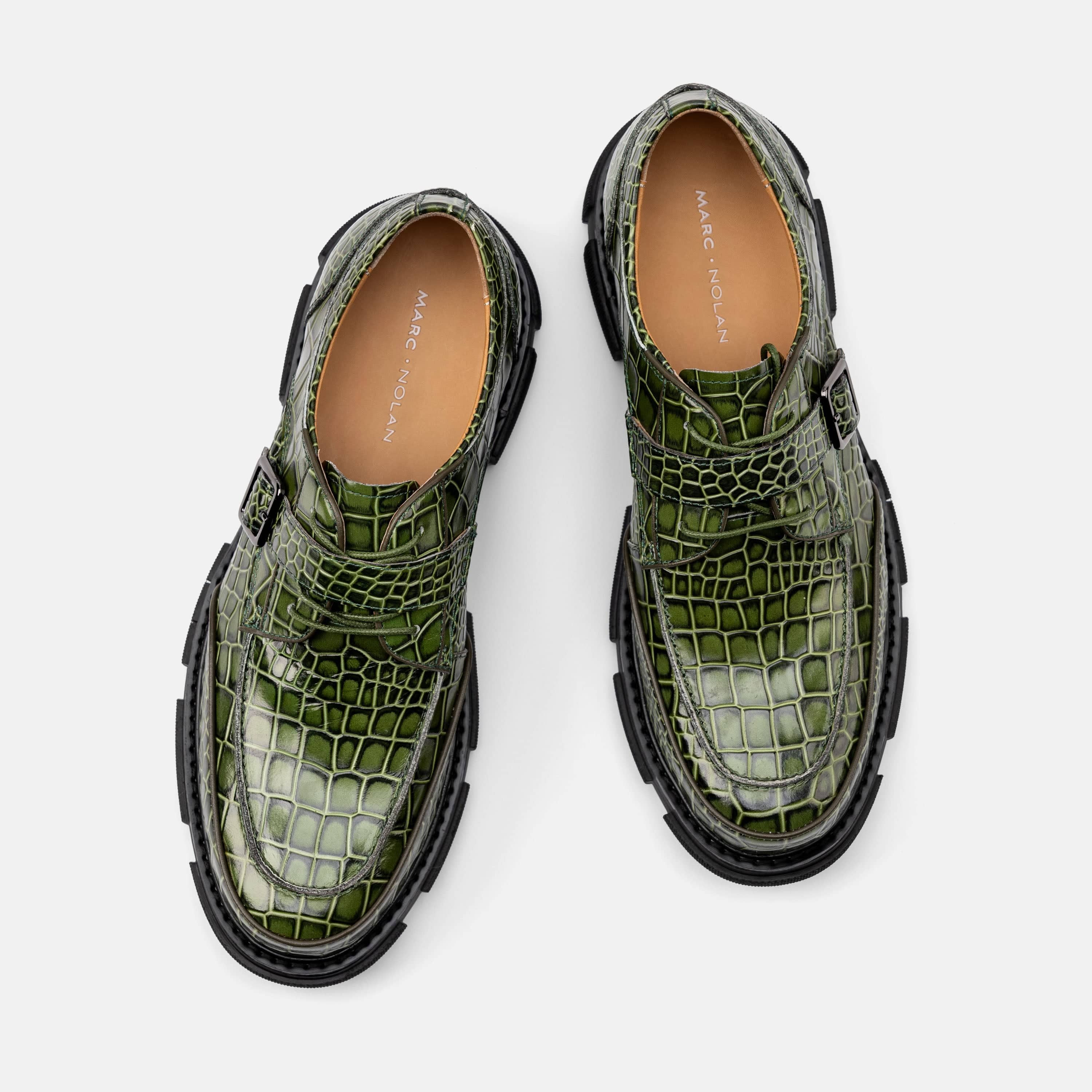 Atlas Low Green Croc Leather Derbys