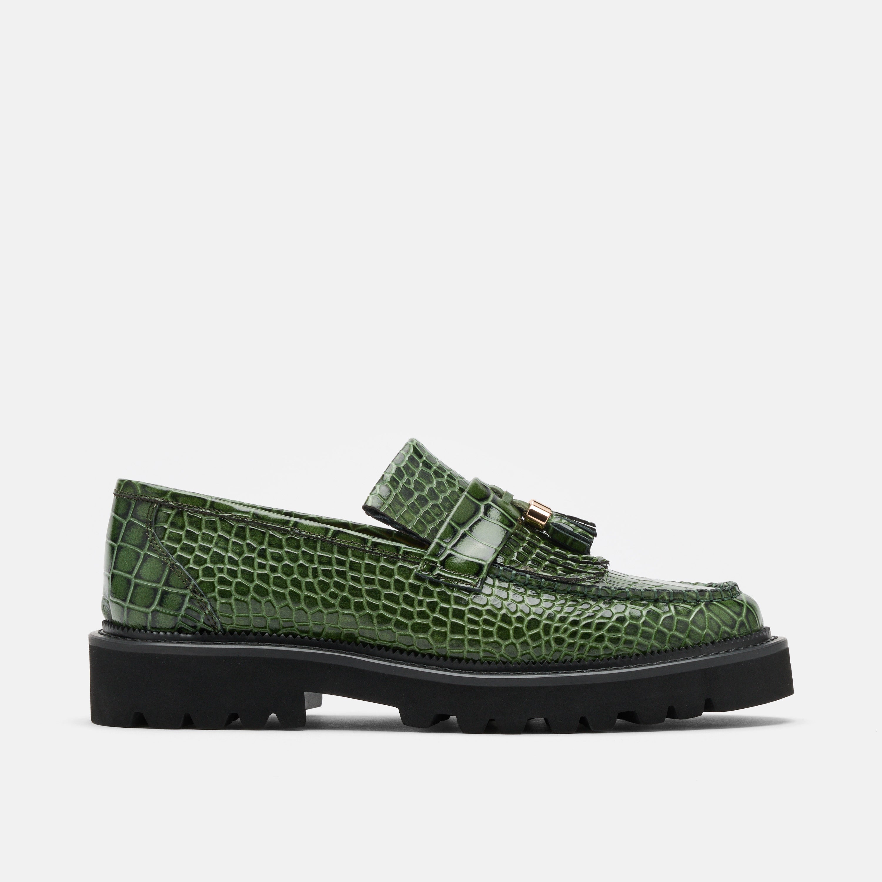 Journey Green Croc Leather Lug Tassel Loafer