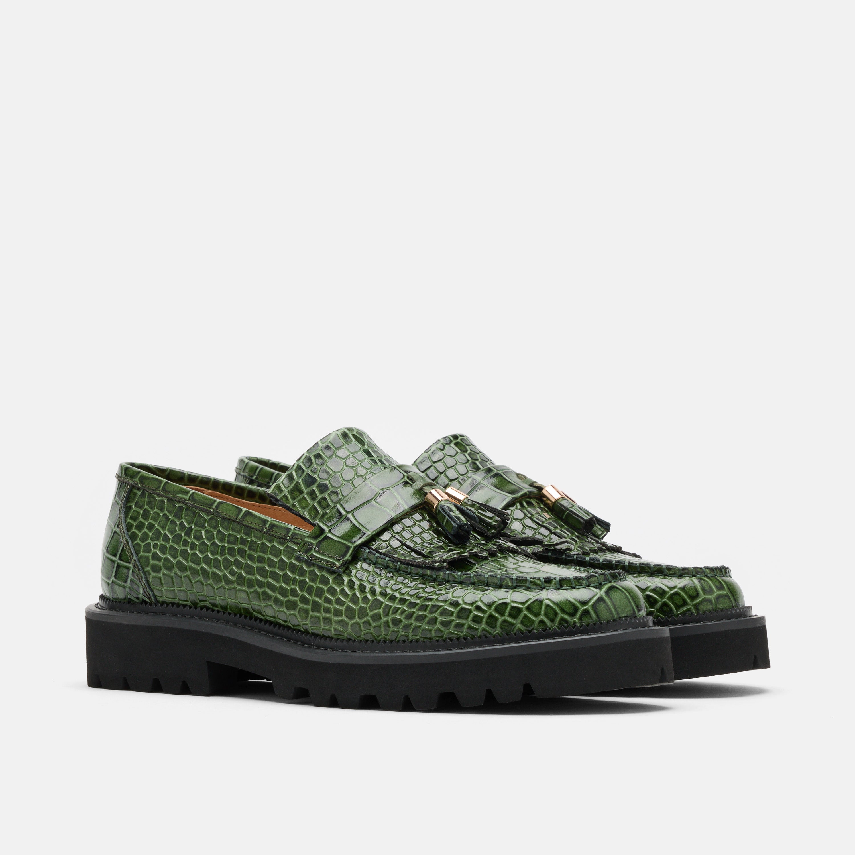 Journey Green Croc Leather Lug Tassel Loafer