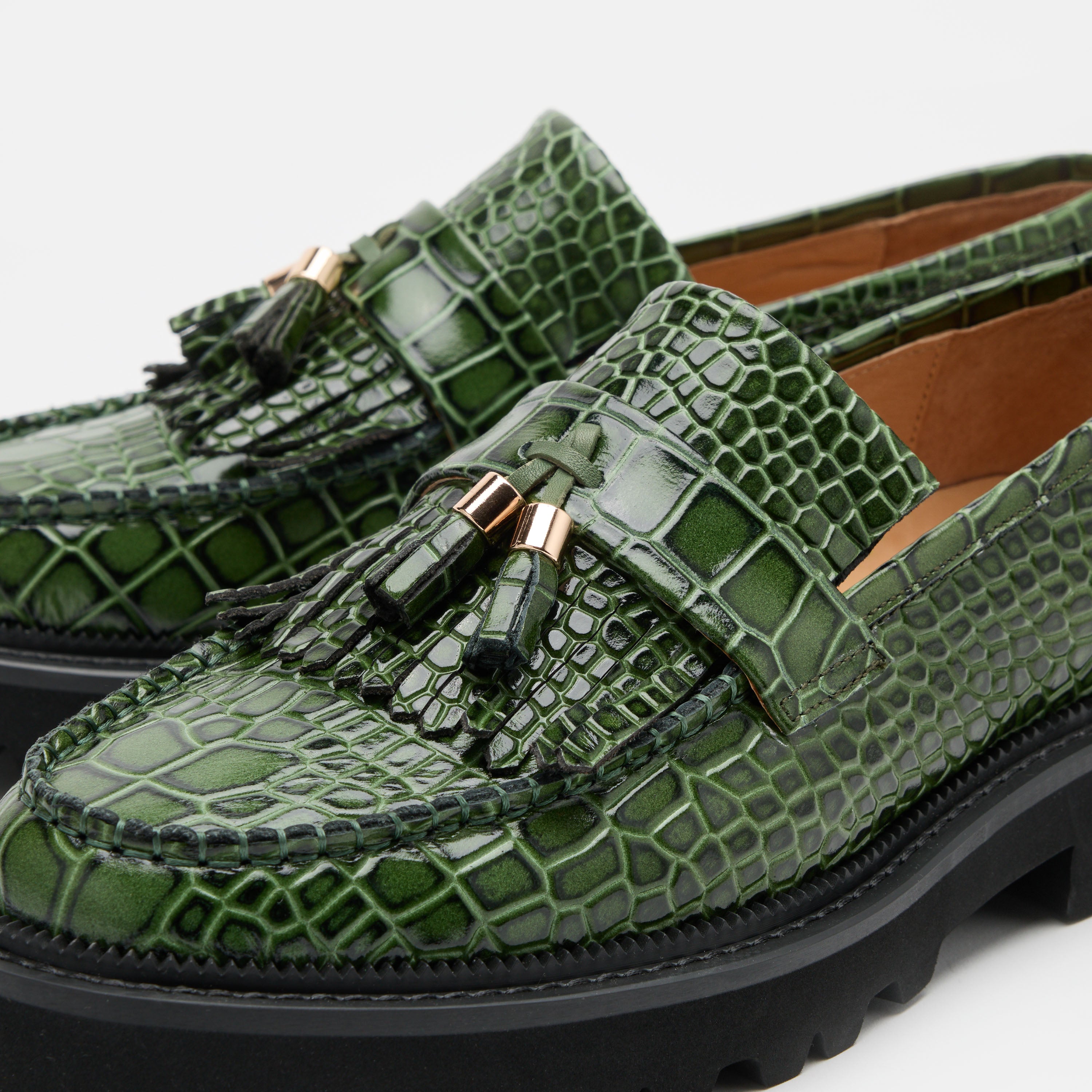 Journey Green Croc Leather Lug Tassel Loafer