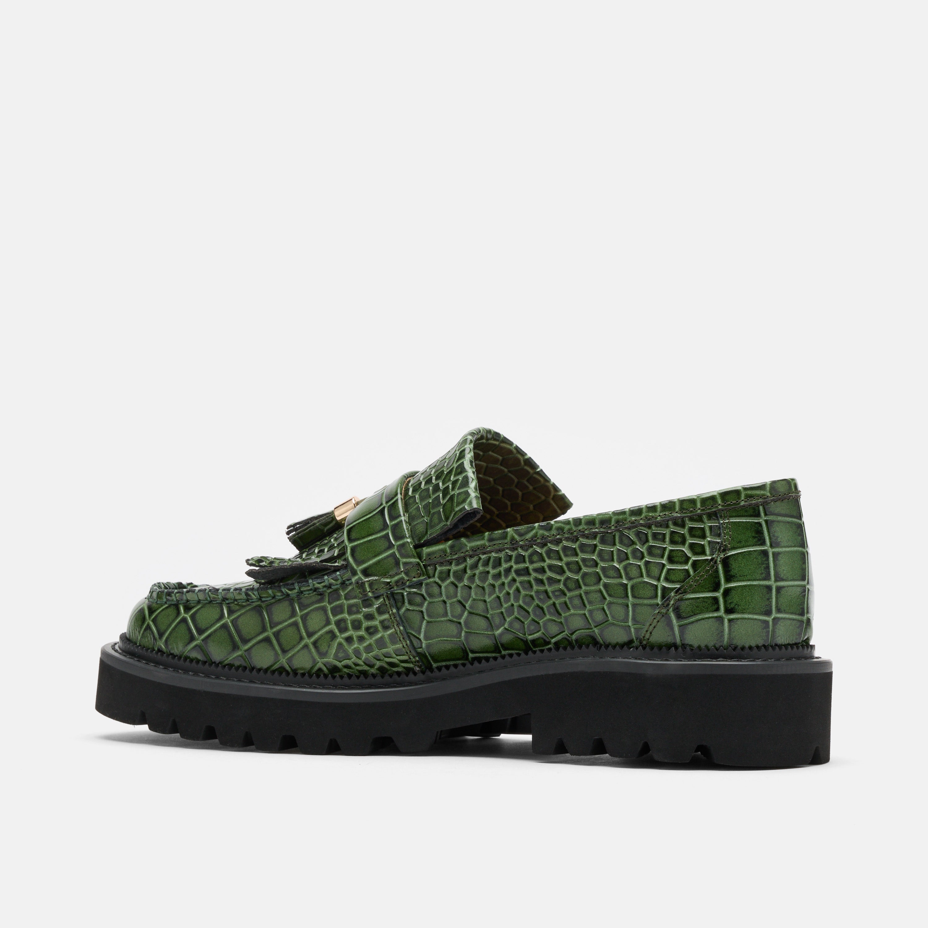 Journey Green Croc Leather Lug Tassel Loafer