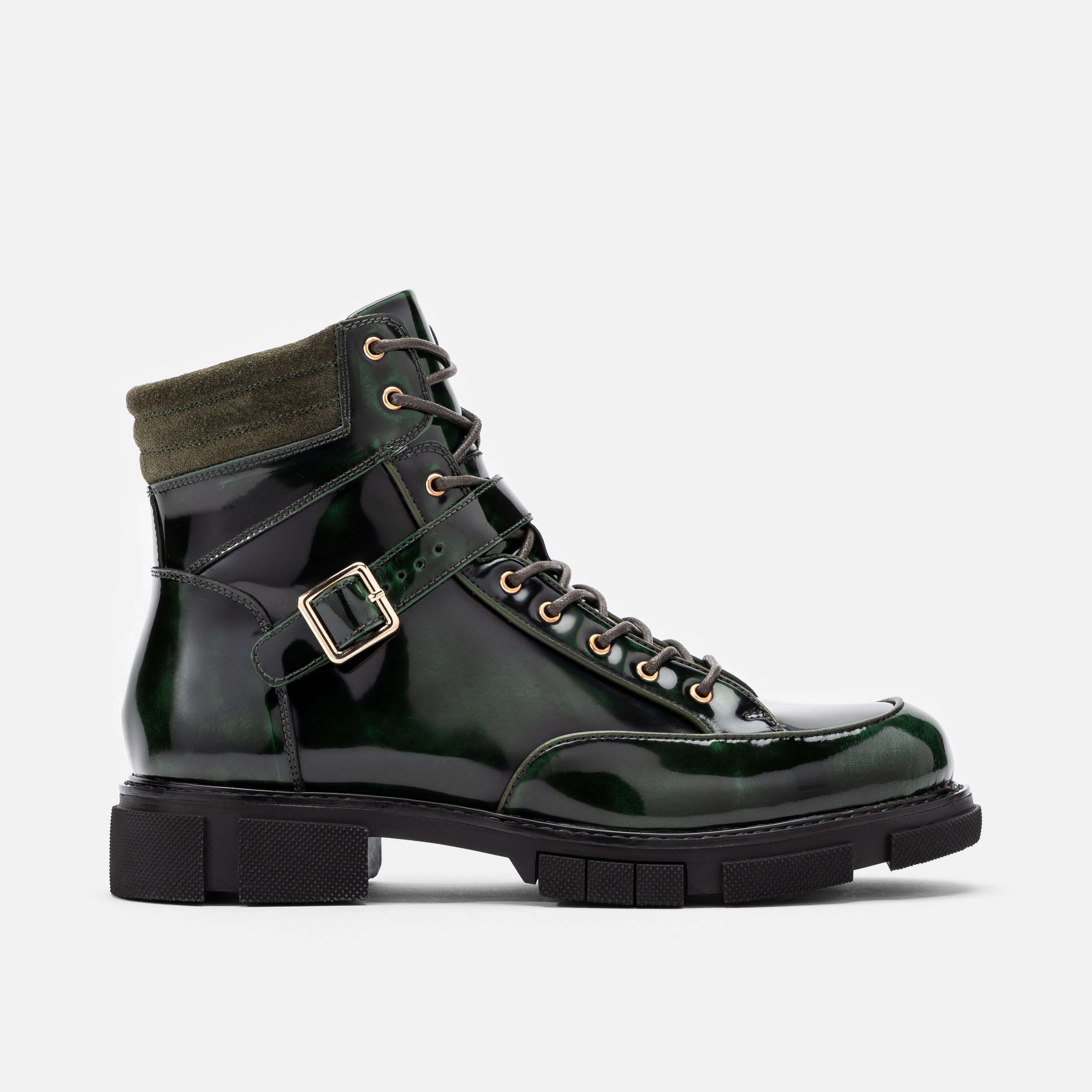 Atlas Dark Green Patent Leather Strap Boots