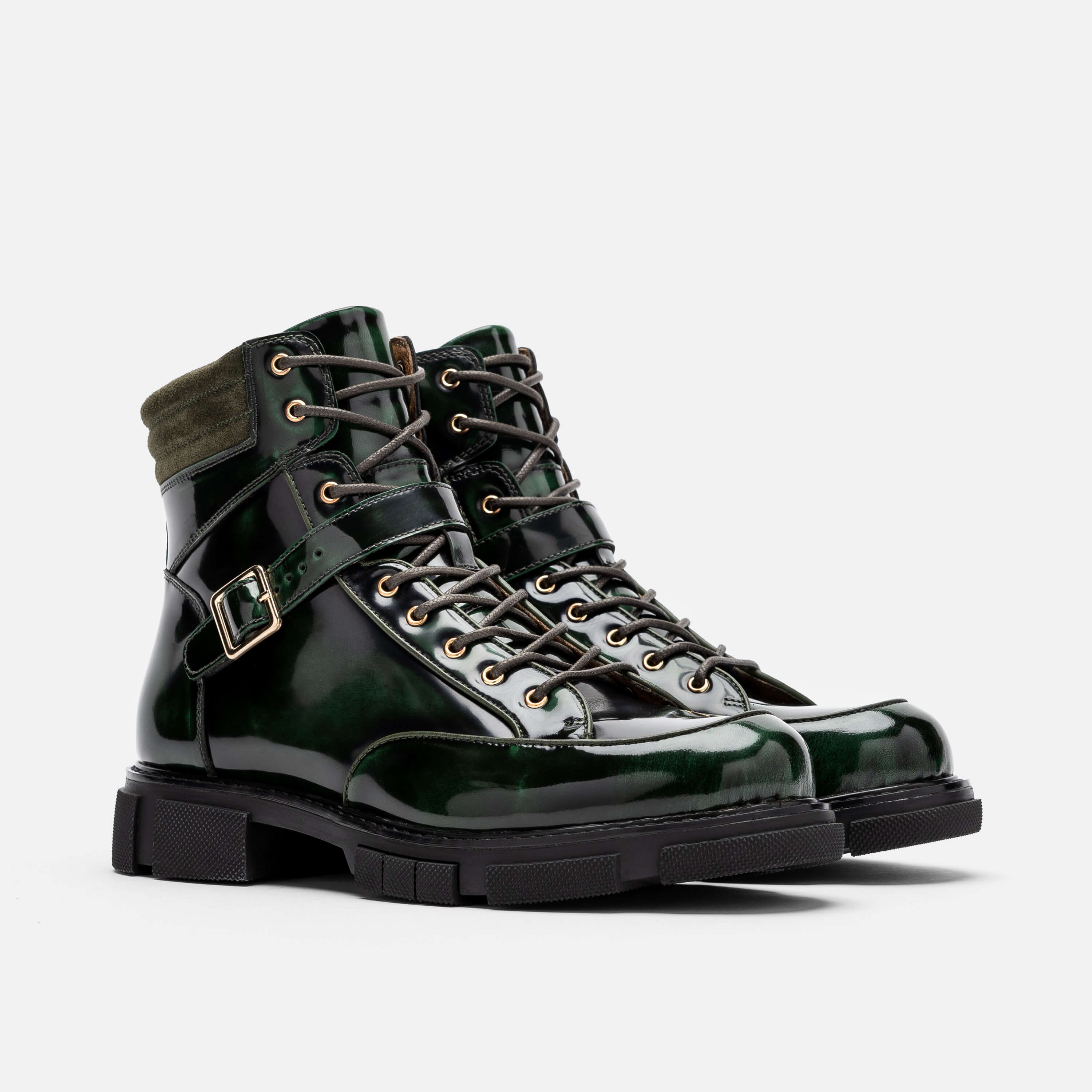 Atlas Dark Green Patent Leather Strap Boots