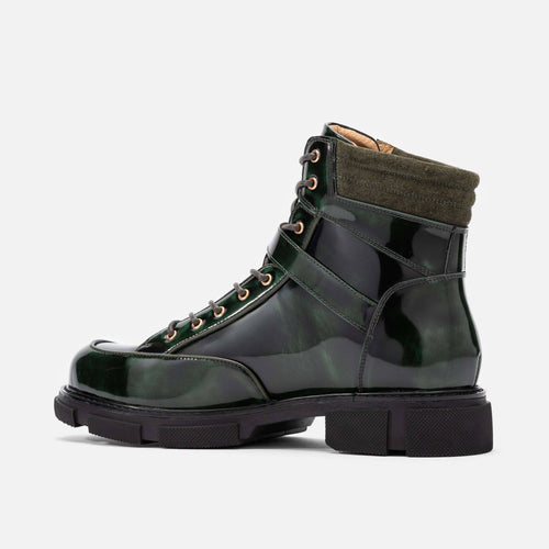 Atlas Dark Green Patent Leather Strap Boots