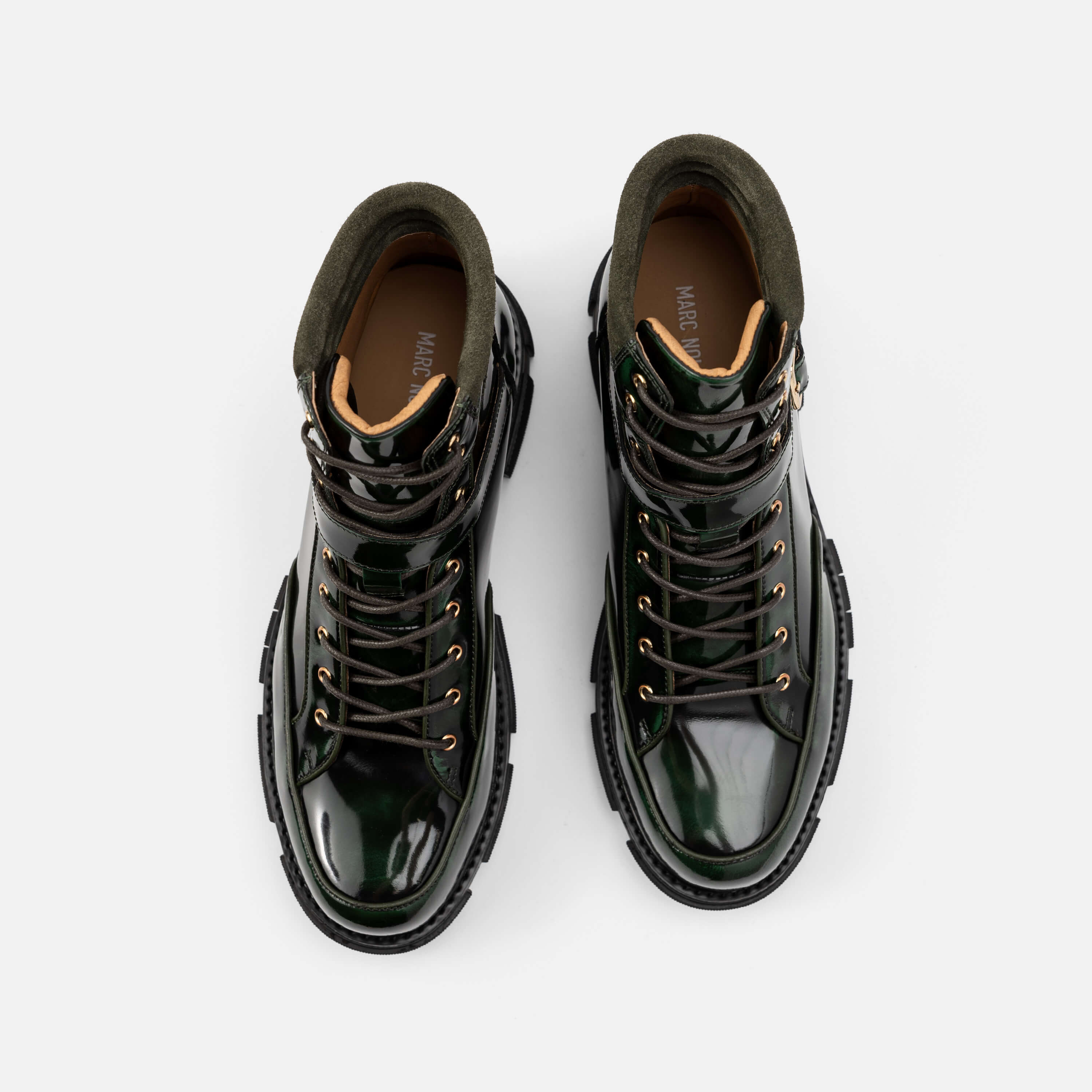 Atlas Dark Green Patent Leather Strap Boots