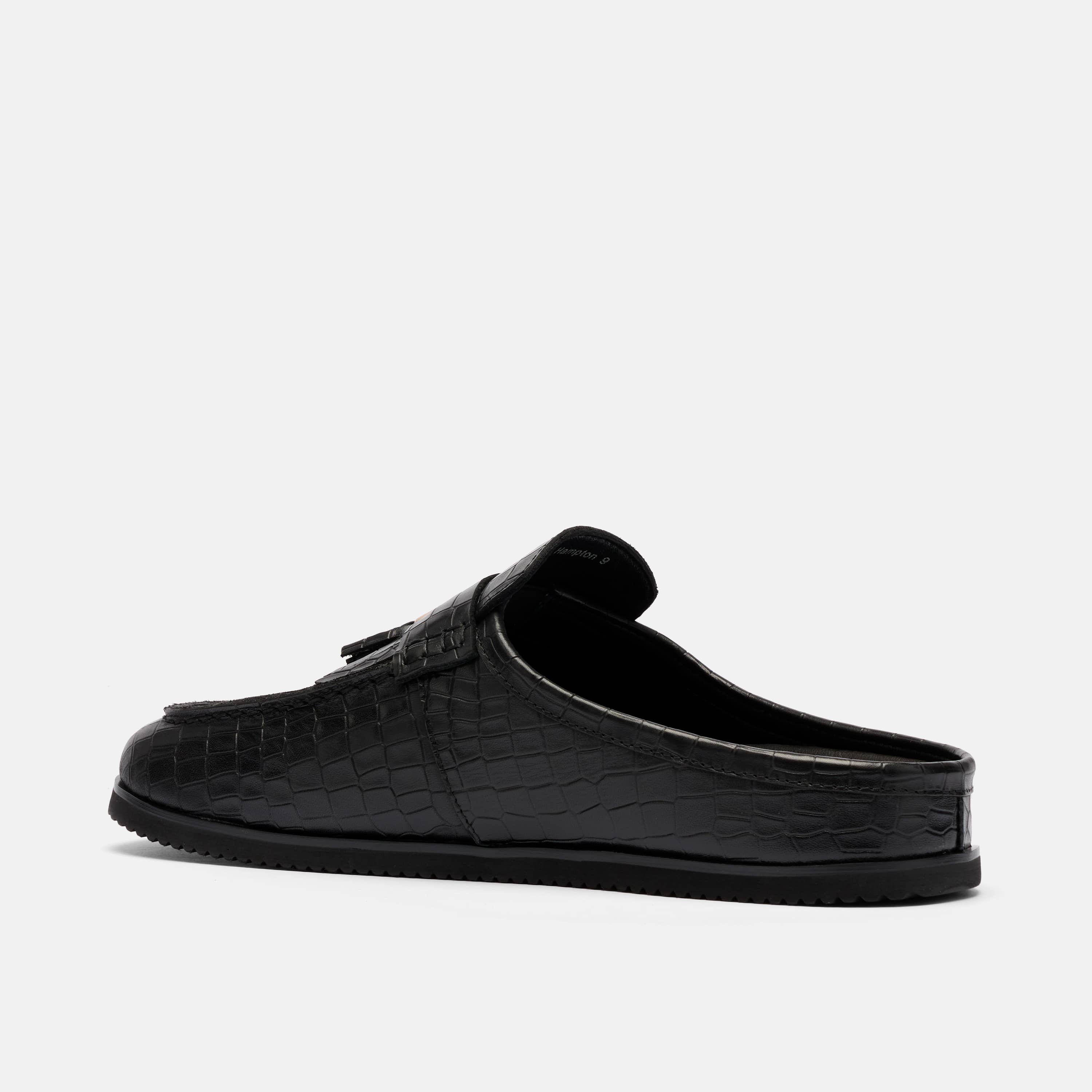 Hampton Black Crocskin Leather Tassel Mules