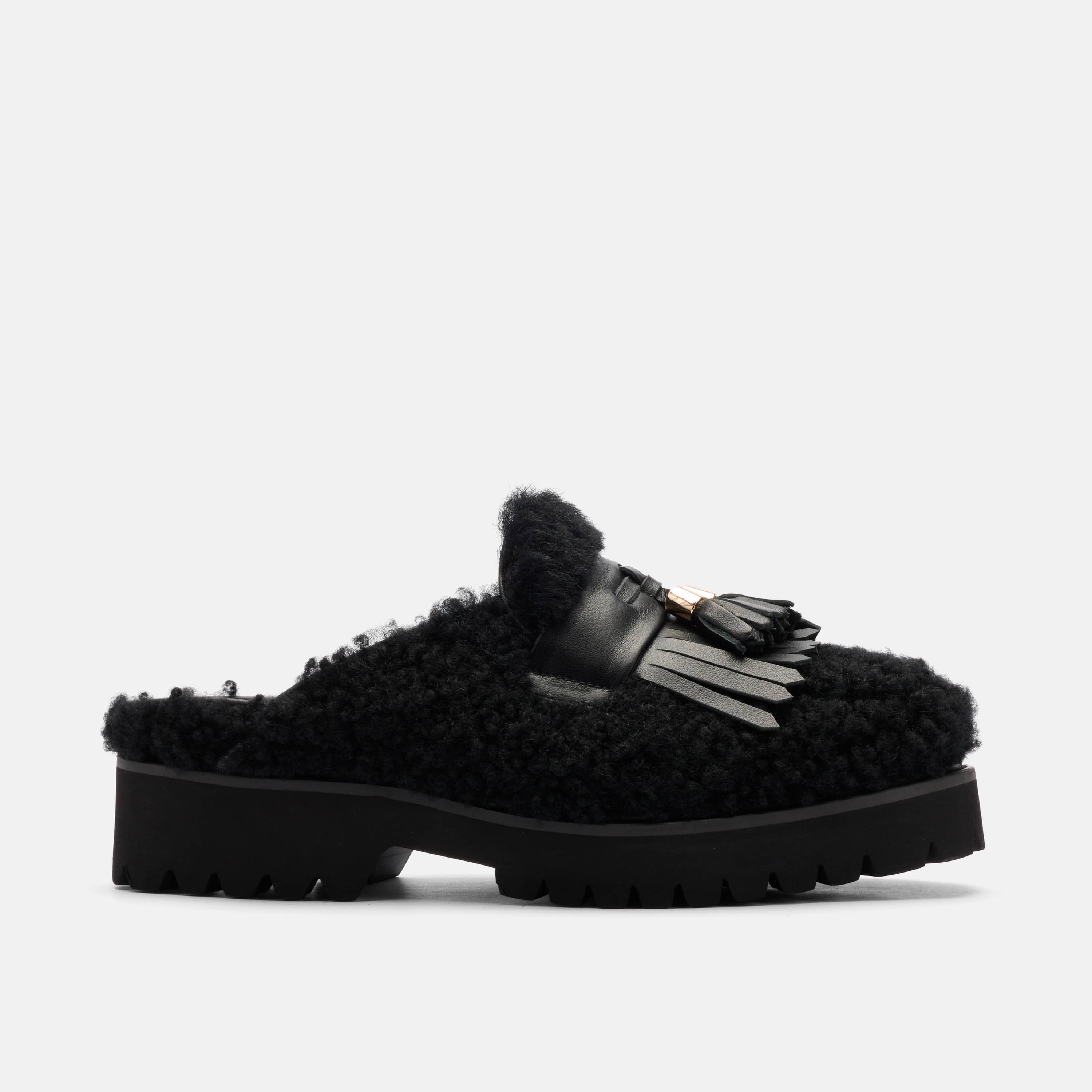 Hollis Black Shearling Tassel Mule