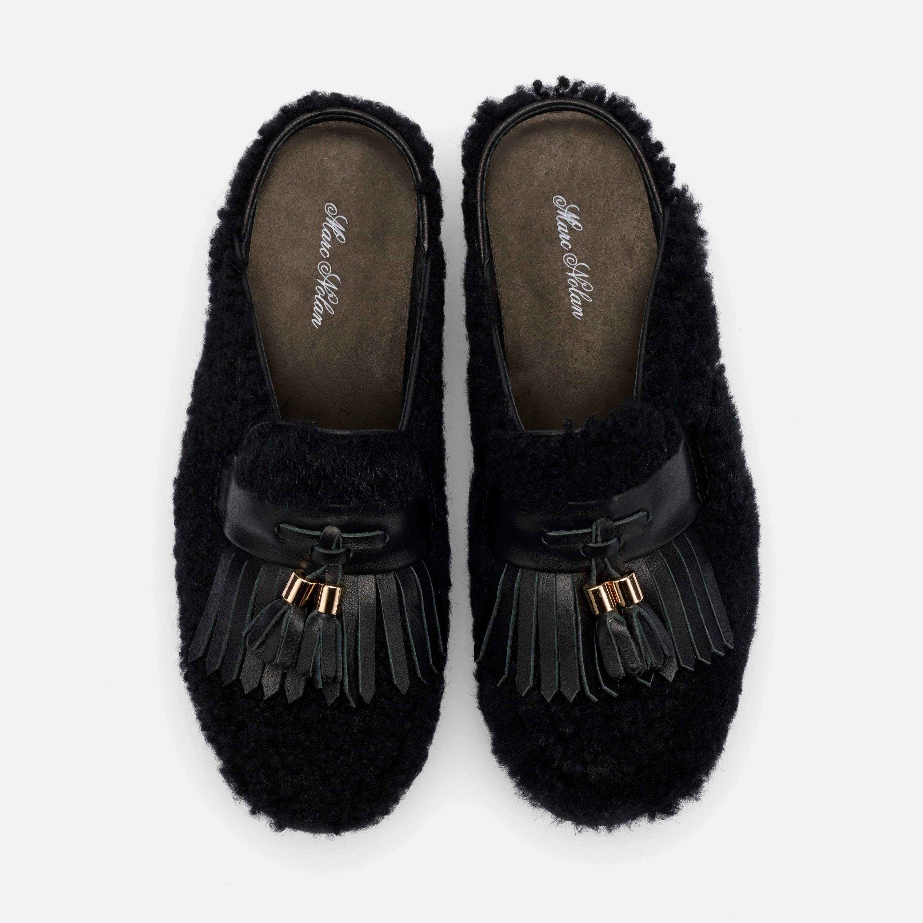 Hollis Black Shearling Tassel Mule