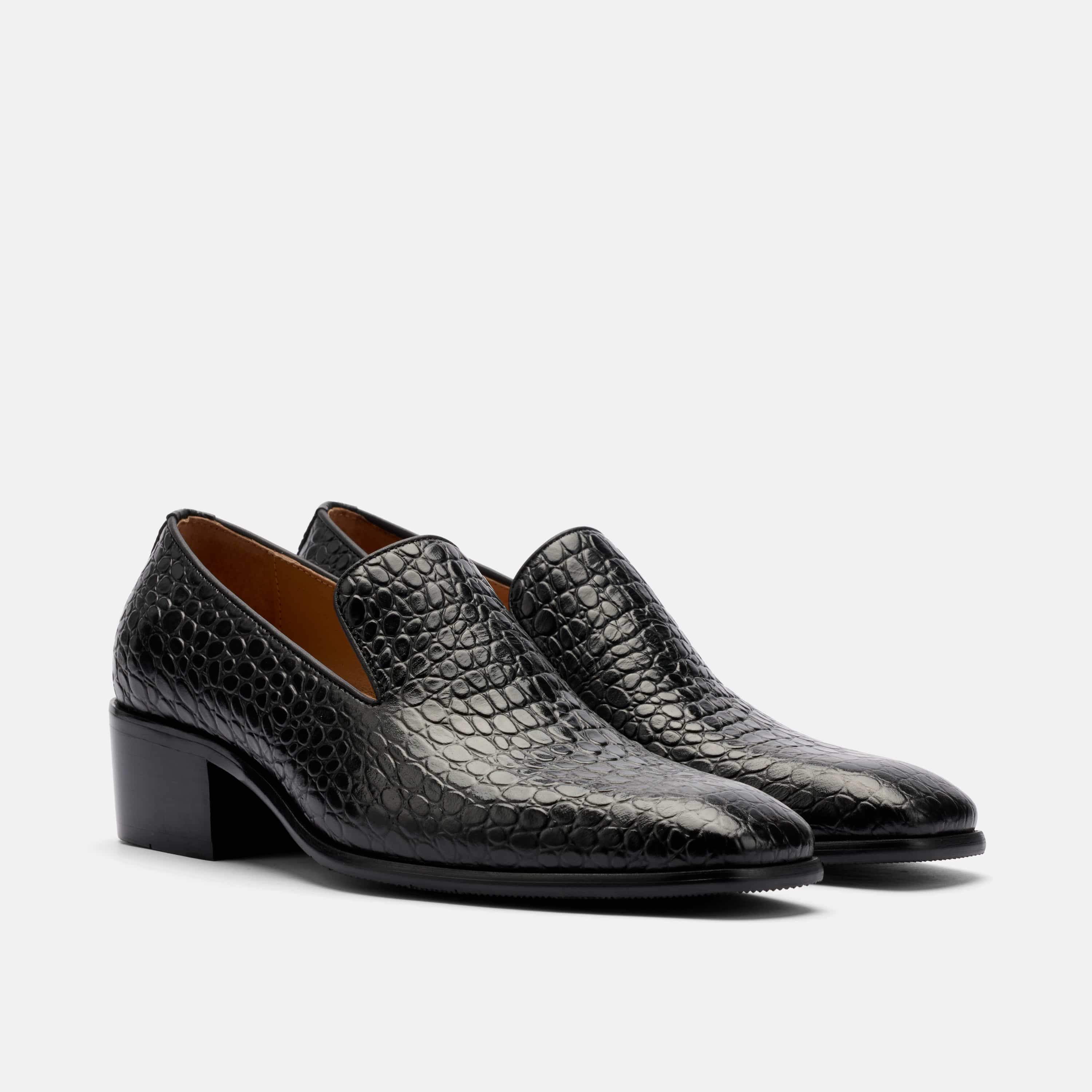 Hugo Black Croc Leather Cuban Heel Loafer