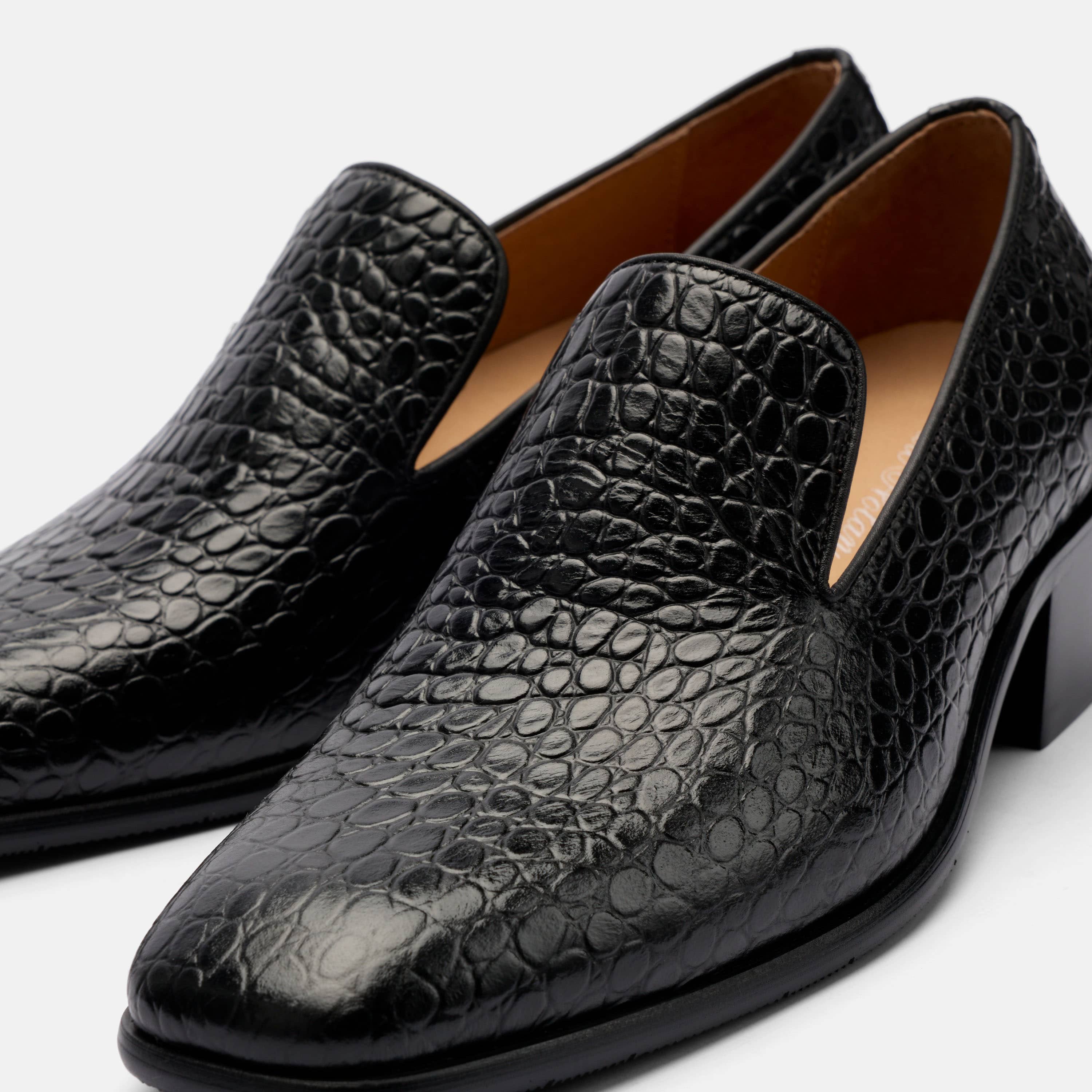 Hugo Black Croc Leather Cuban Heel Loafer