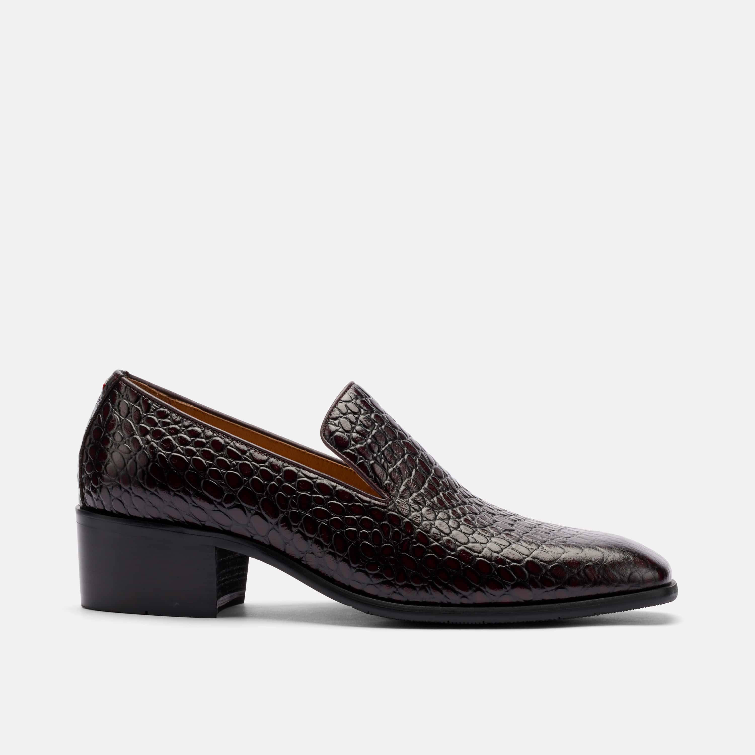 Hugo Mahogany Croc Leather Cuban Heel Loafer