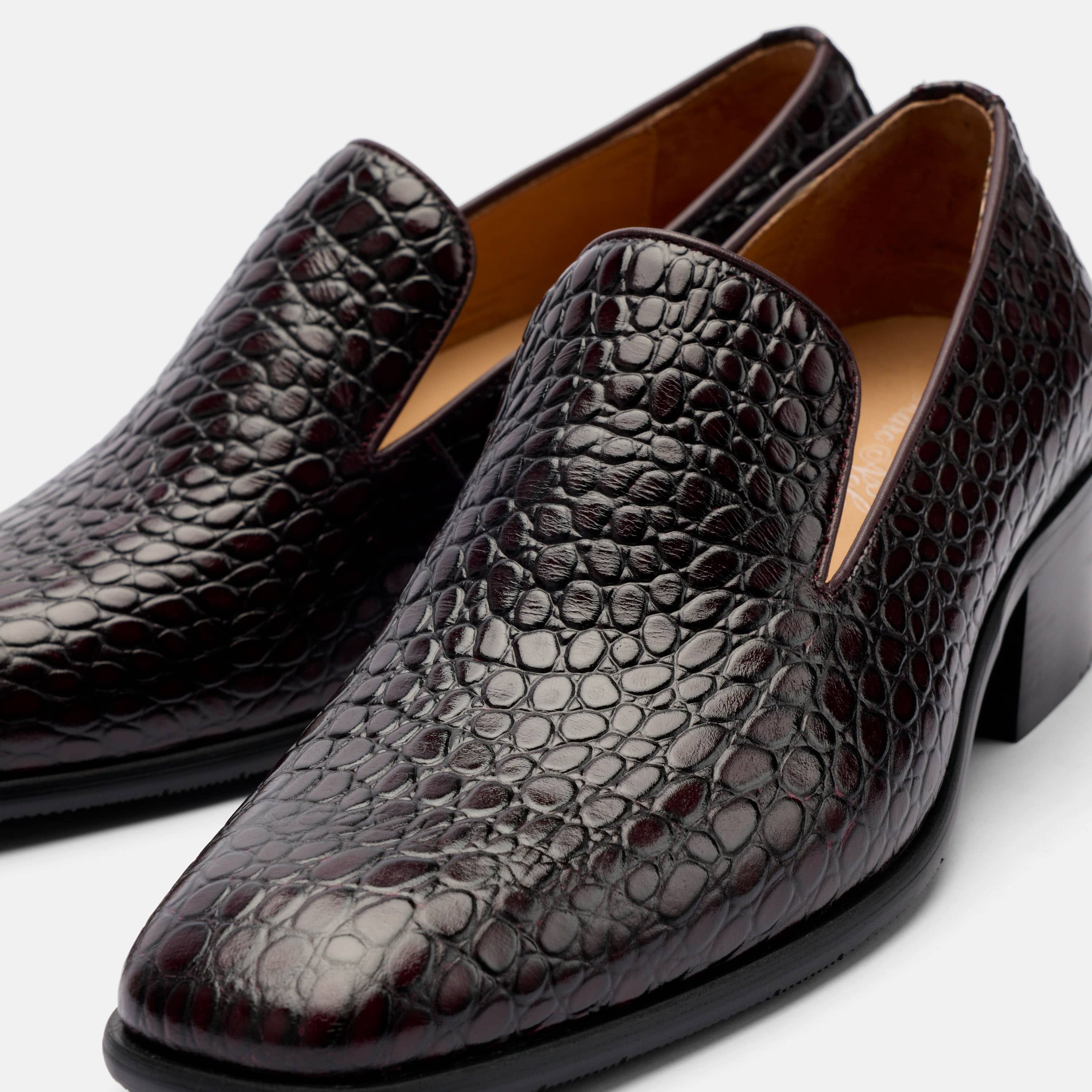 Hugo Mahogany Croc Leather Cuban Heel Loafer