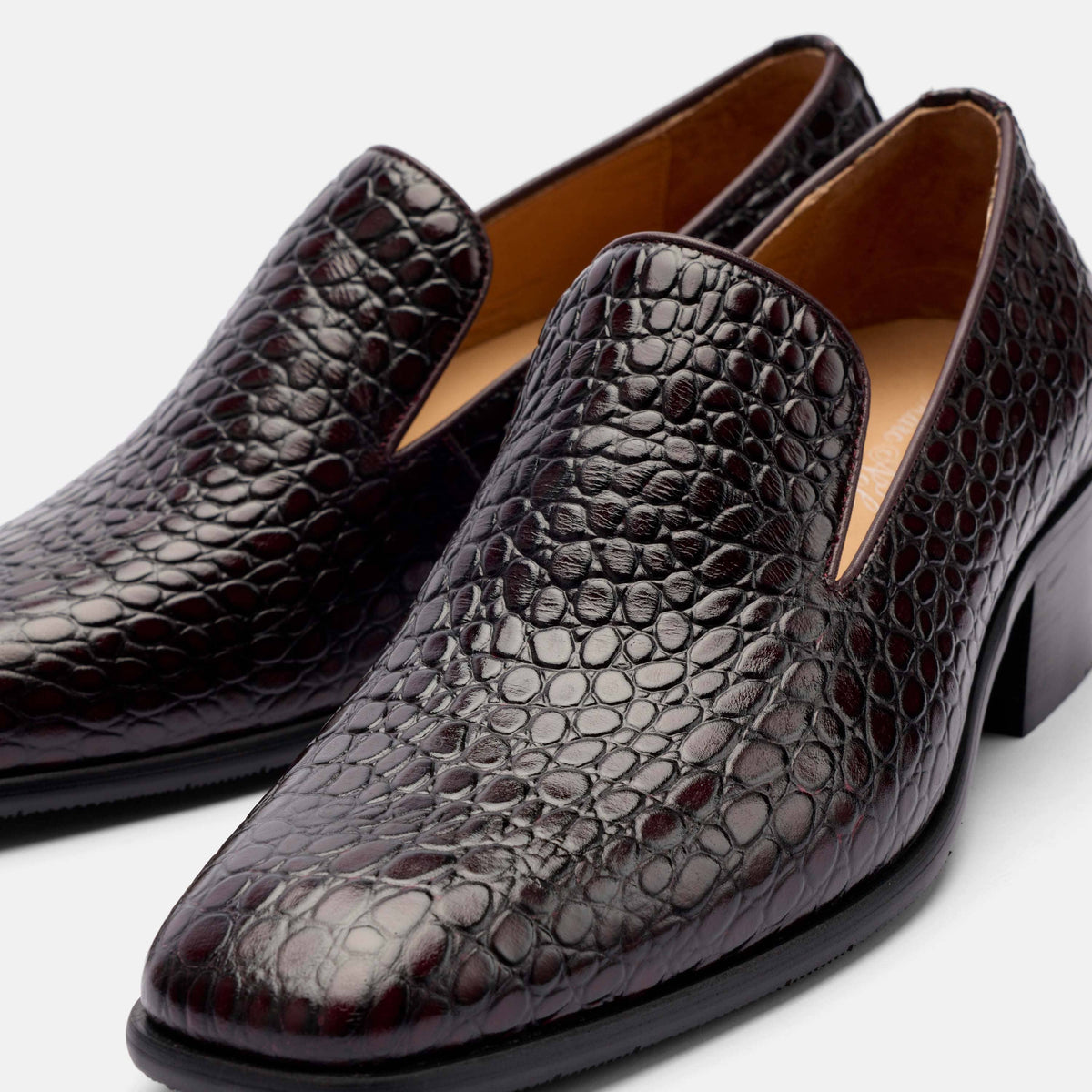 Hugo Mahogany Croc Leather Cuban Heel Loafer