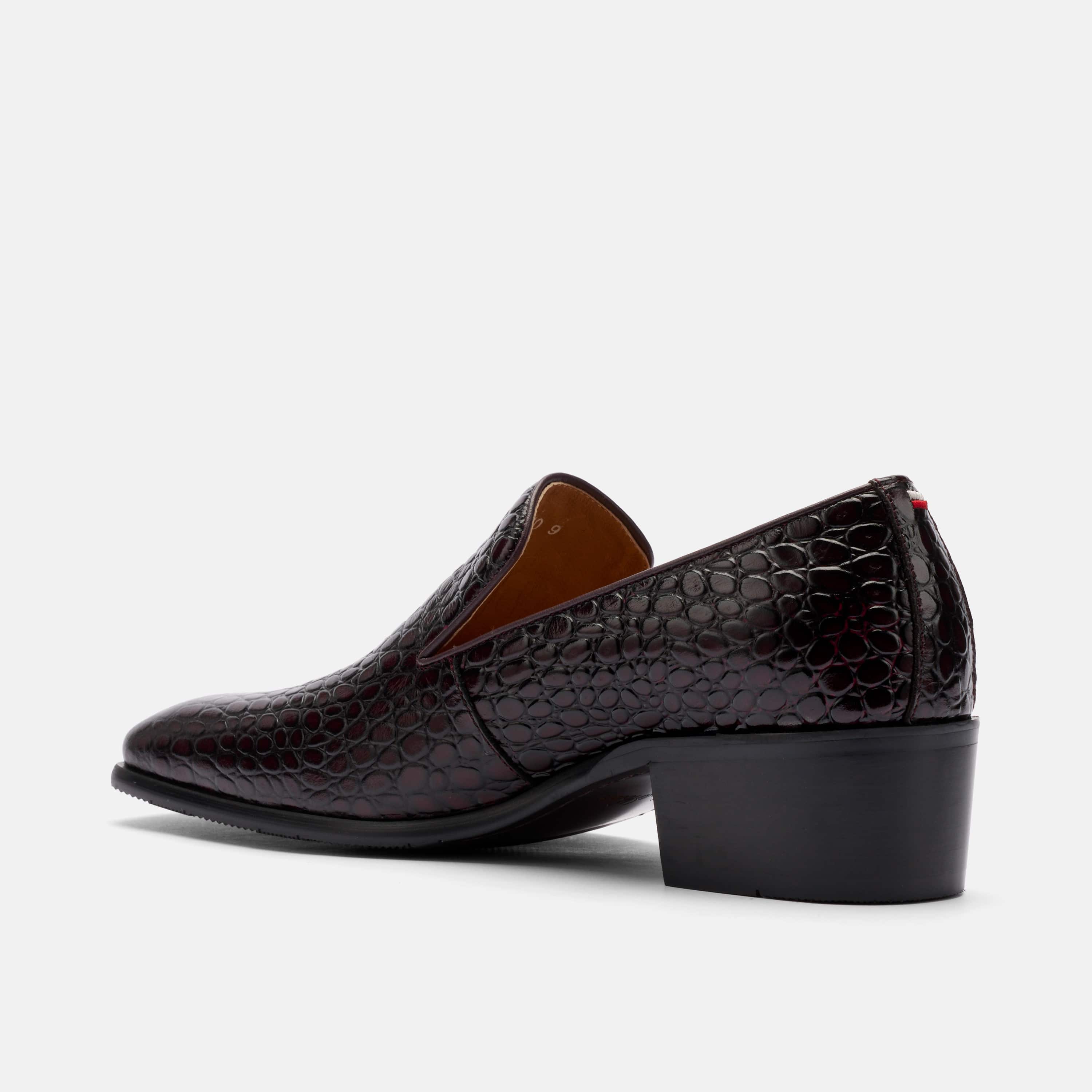 Hugo Mahogany Croc Leather Cuban Heel Loafer