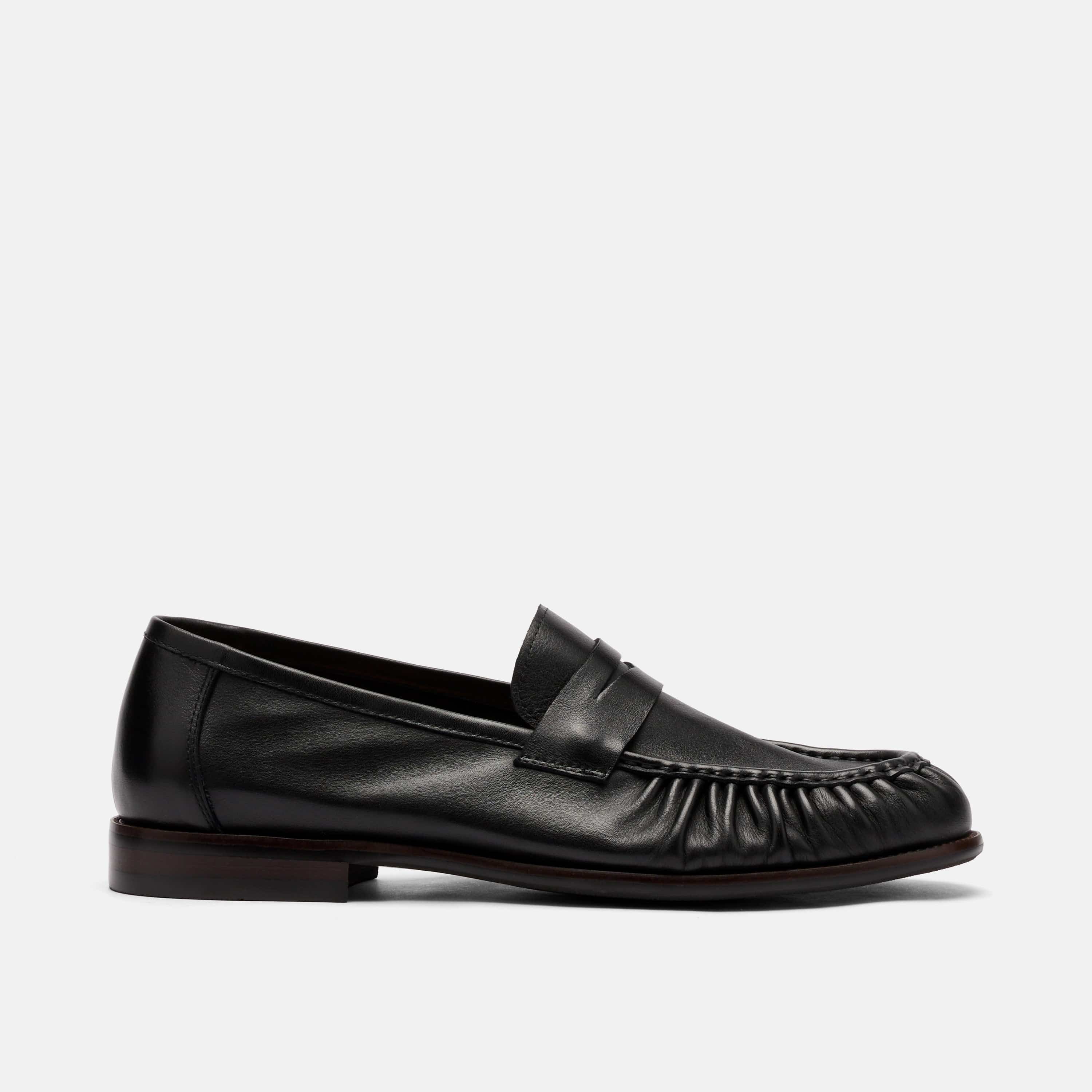 Kennedy Black Pleated Leather Penny Loafers