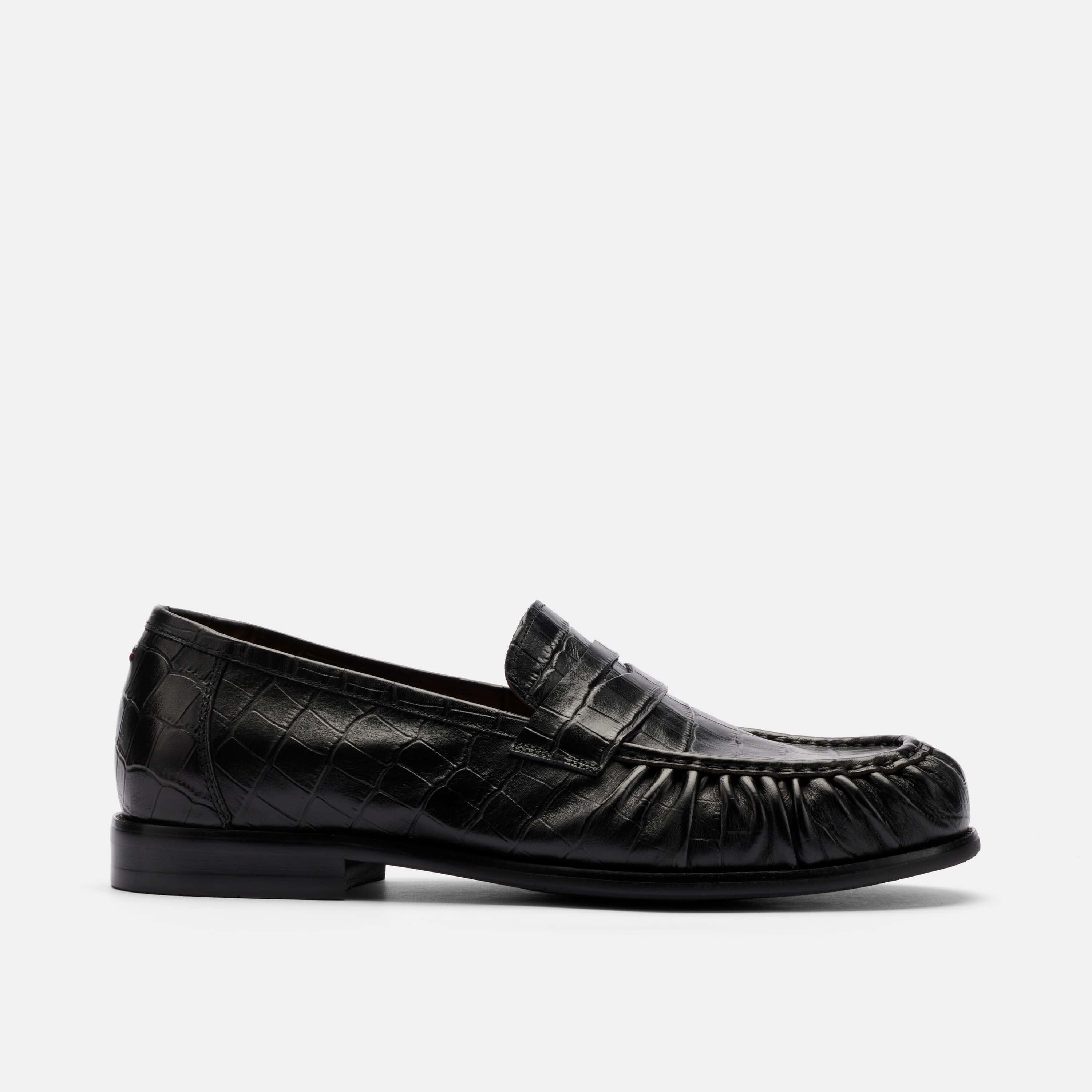 Kennedy Black Croc Pleated Leather Penny Loafers