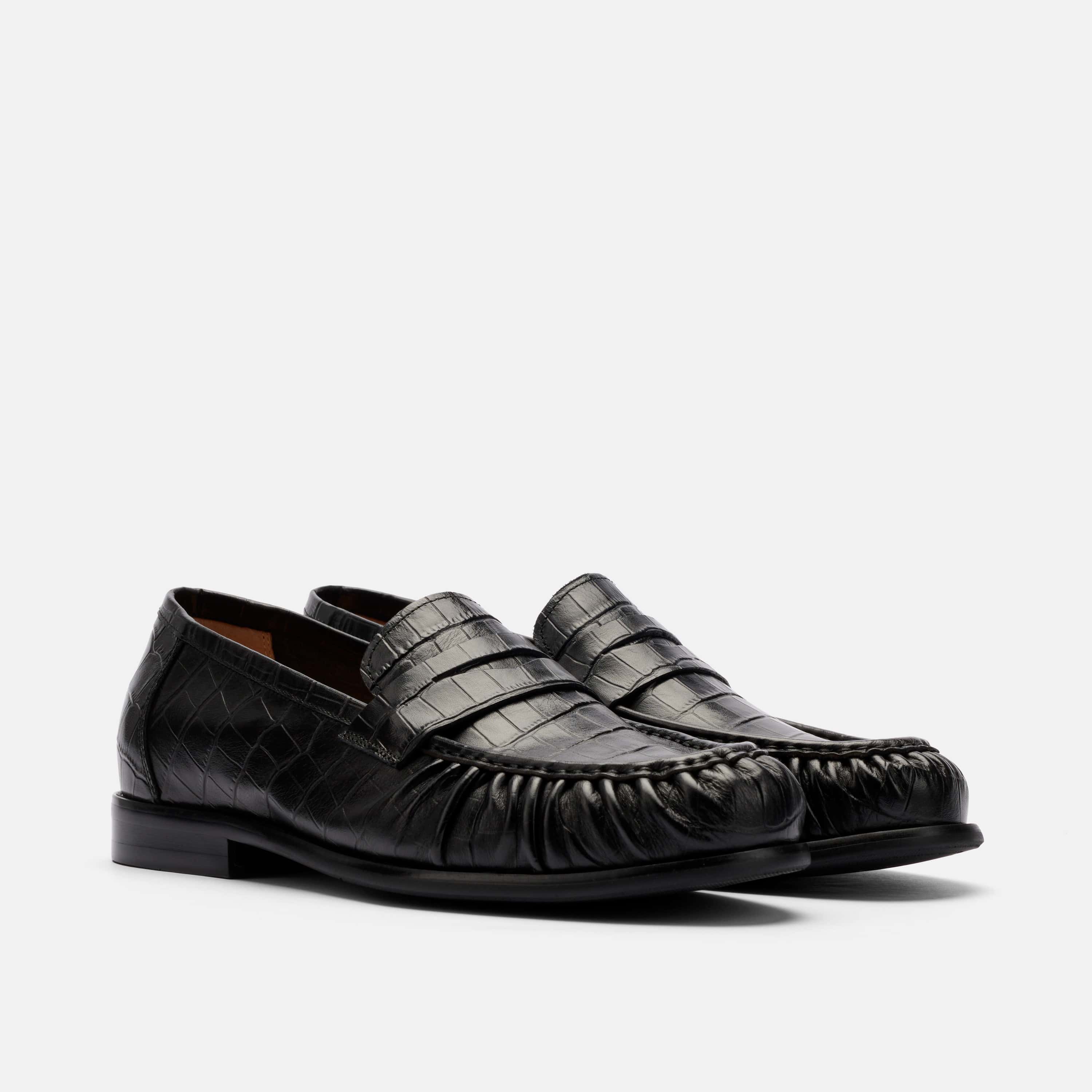 Kennedy Black Croc Pleated Leather Penny Loafers