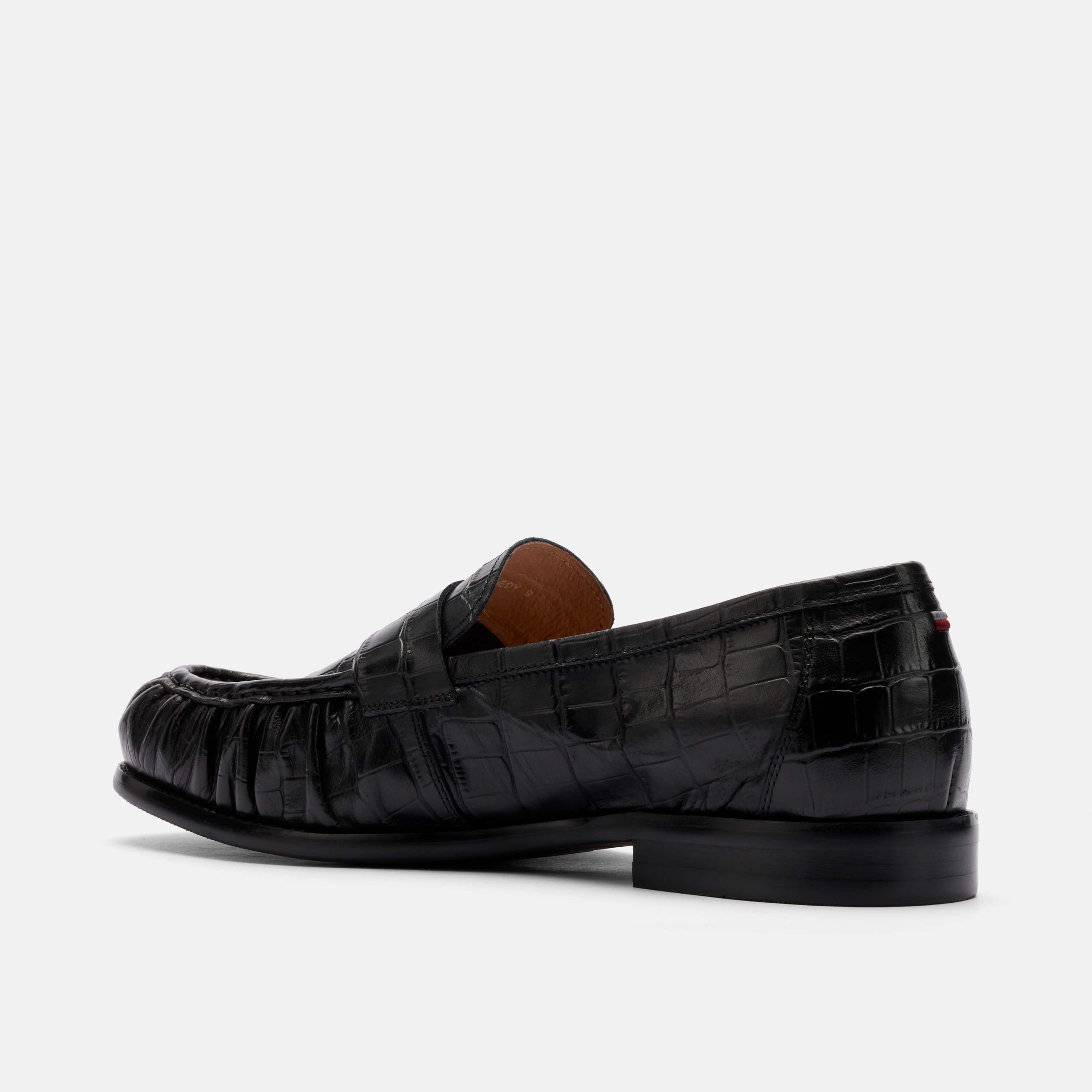Kennedy Black Croc Pleated Leather Penny Loafers