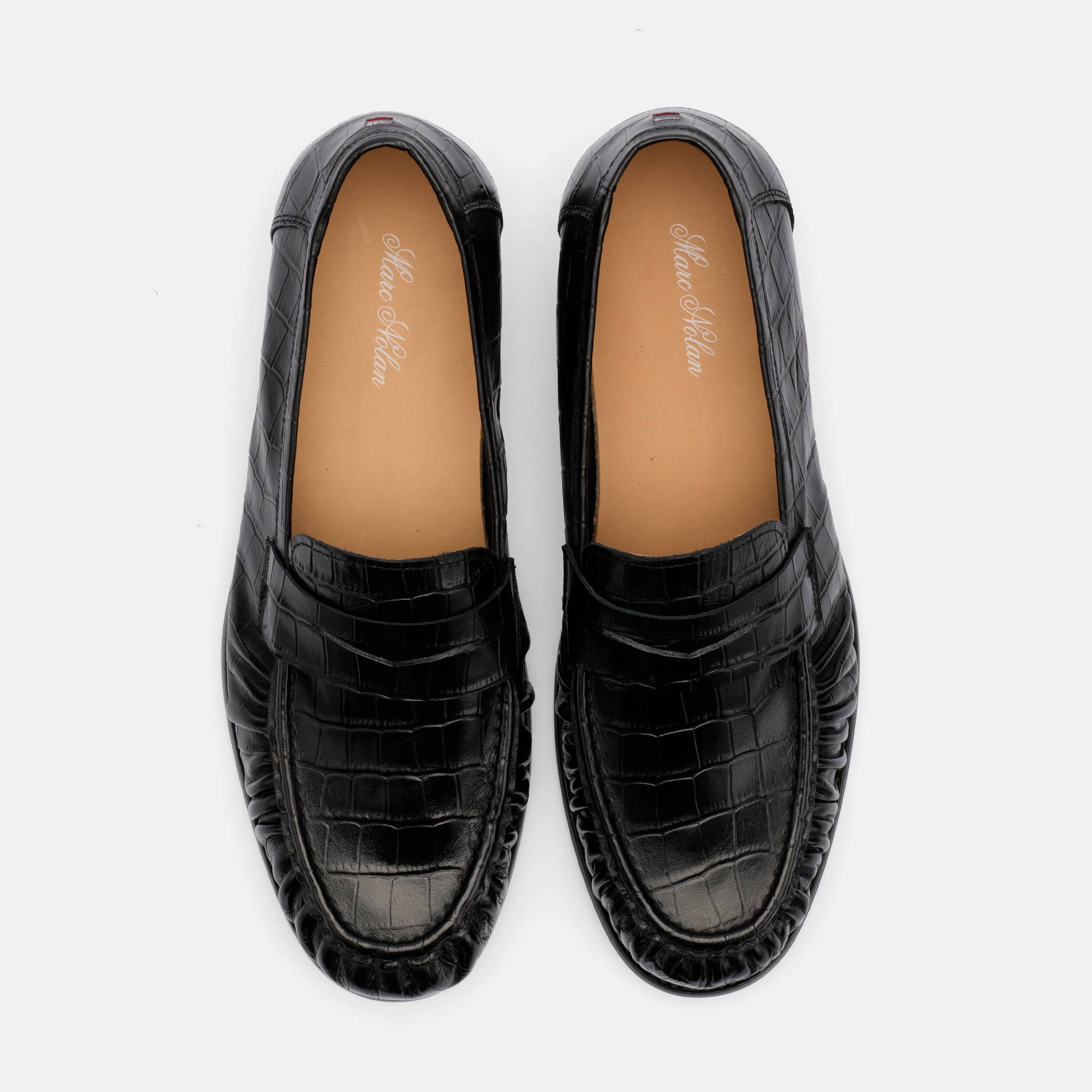 Kennedy Black Croc Pleated Leather Penny Loafers