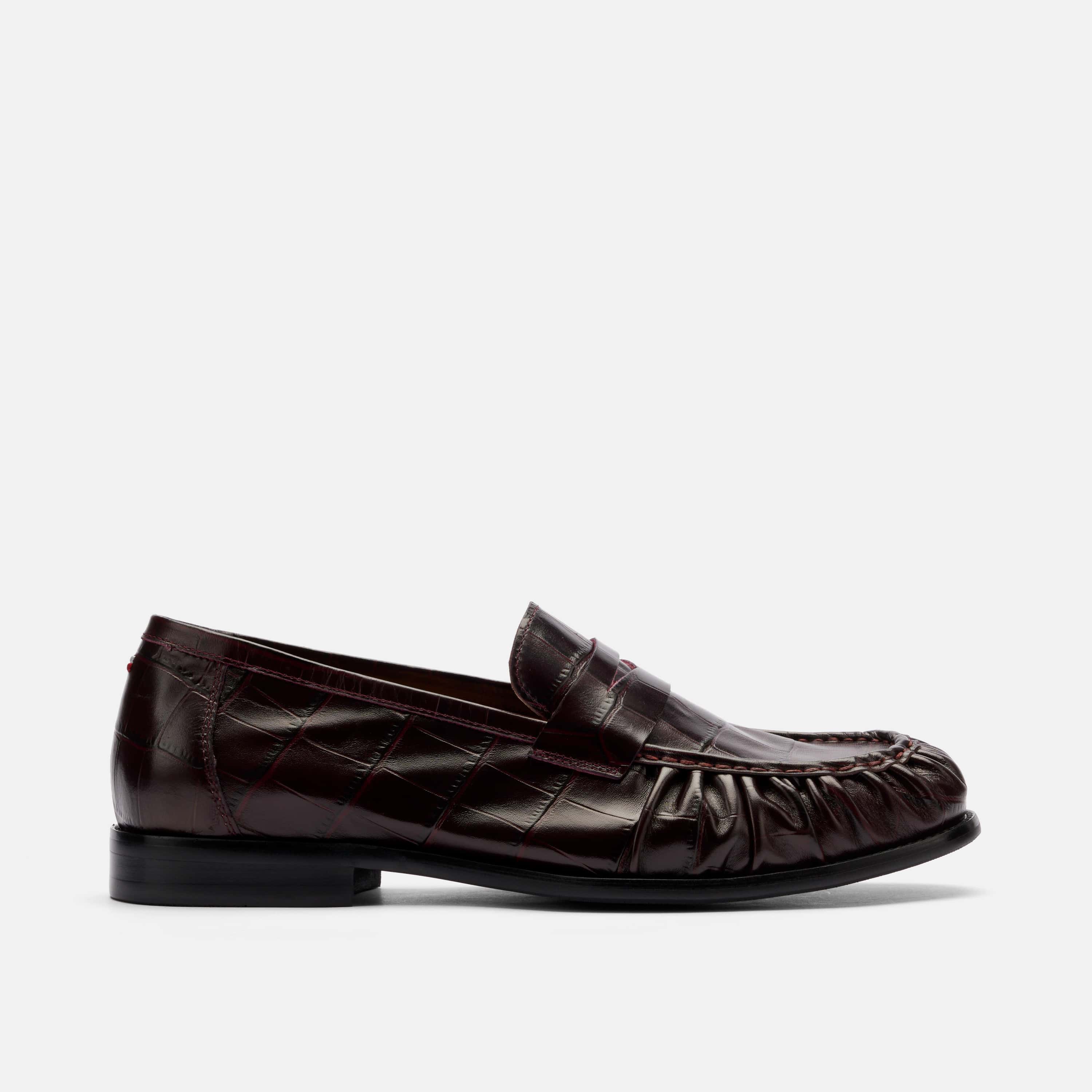 Kennedy Burgundy Croc Pleated Leather Penny Loafers
