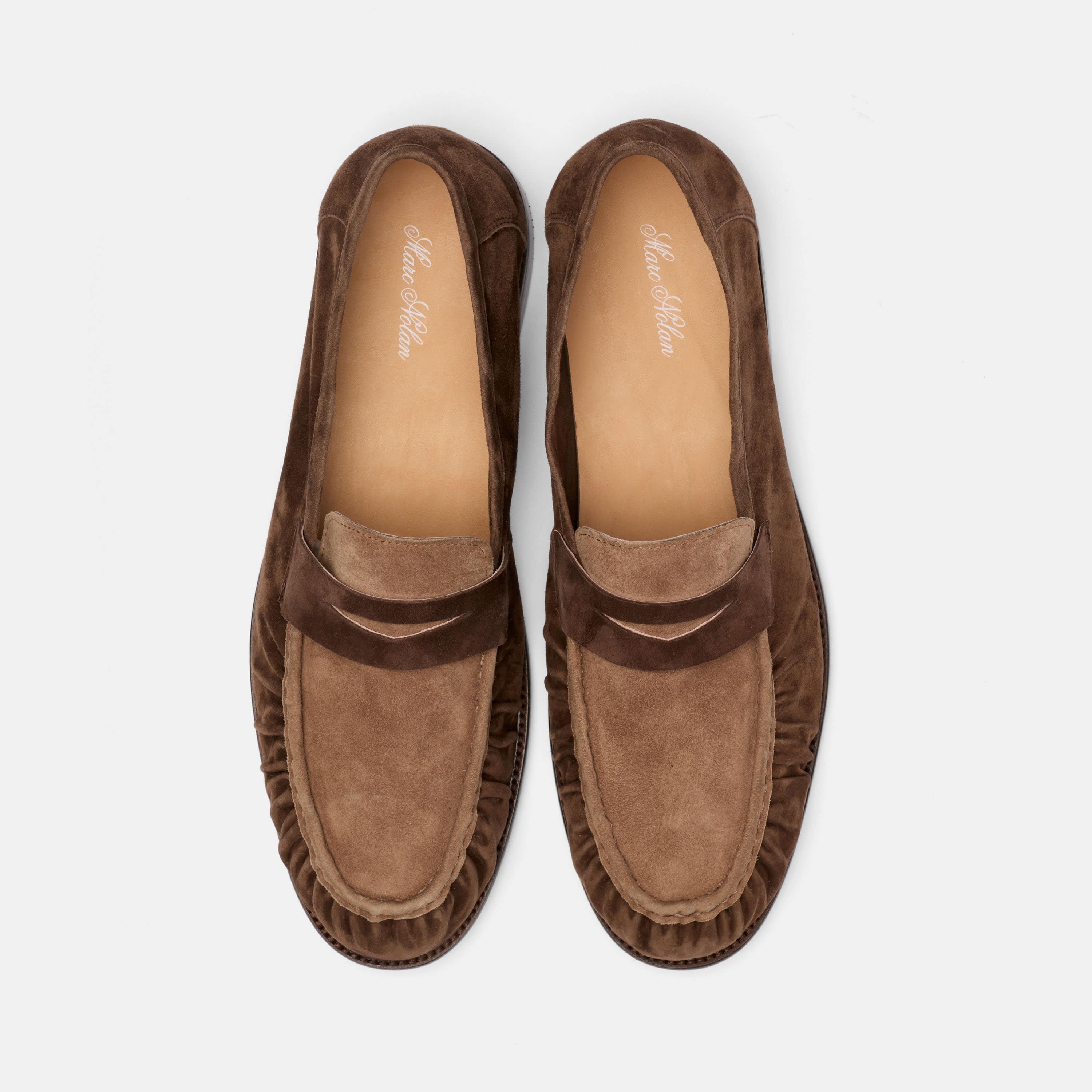 Kennedy Triple Brown Pleated Suede Penny Loafers