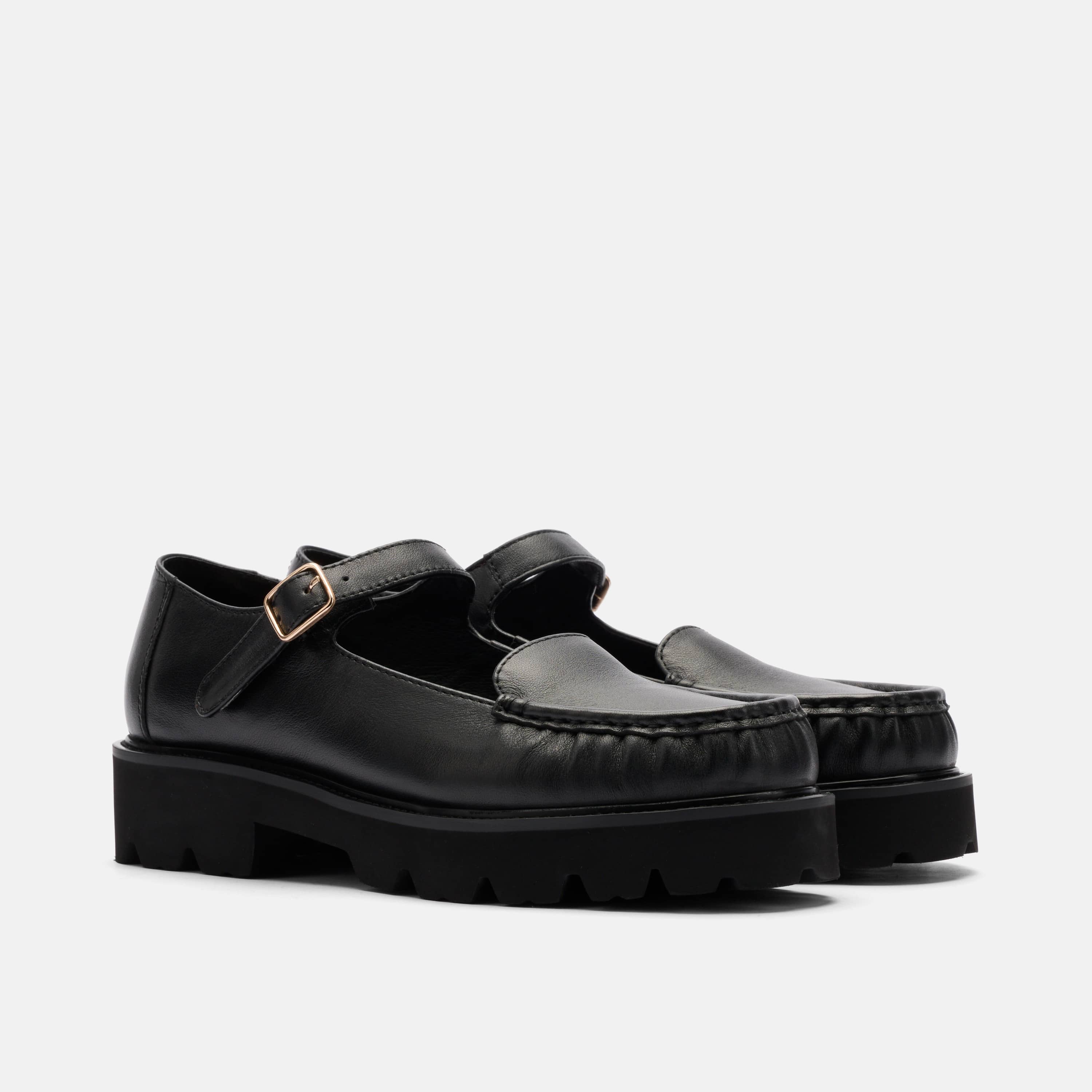 Lennox Black Leather Lug Mary Jane Loafer