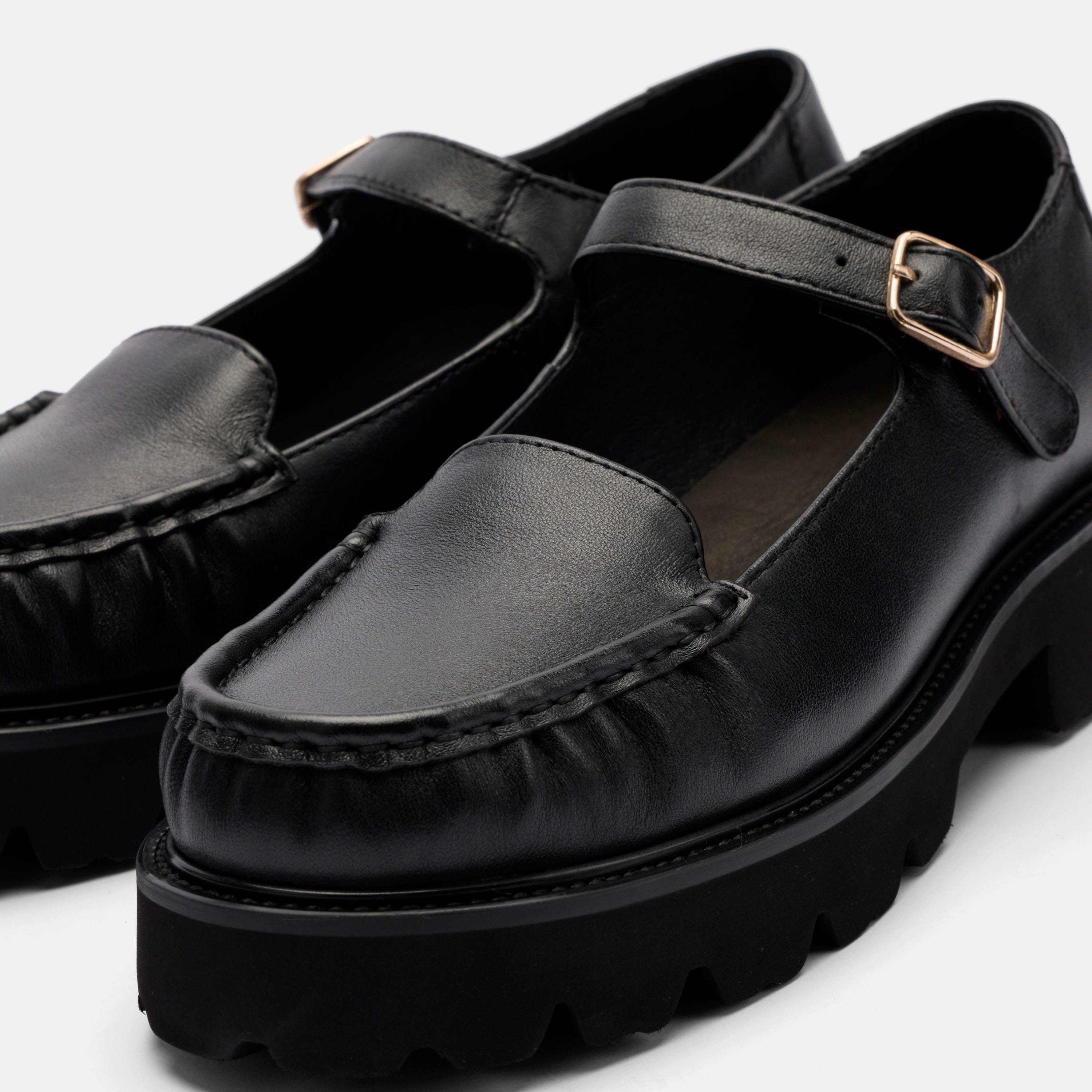 Lennox Black Leather Lug Mary Jane Loafer