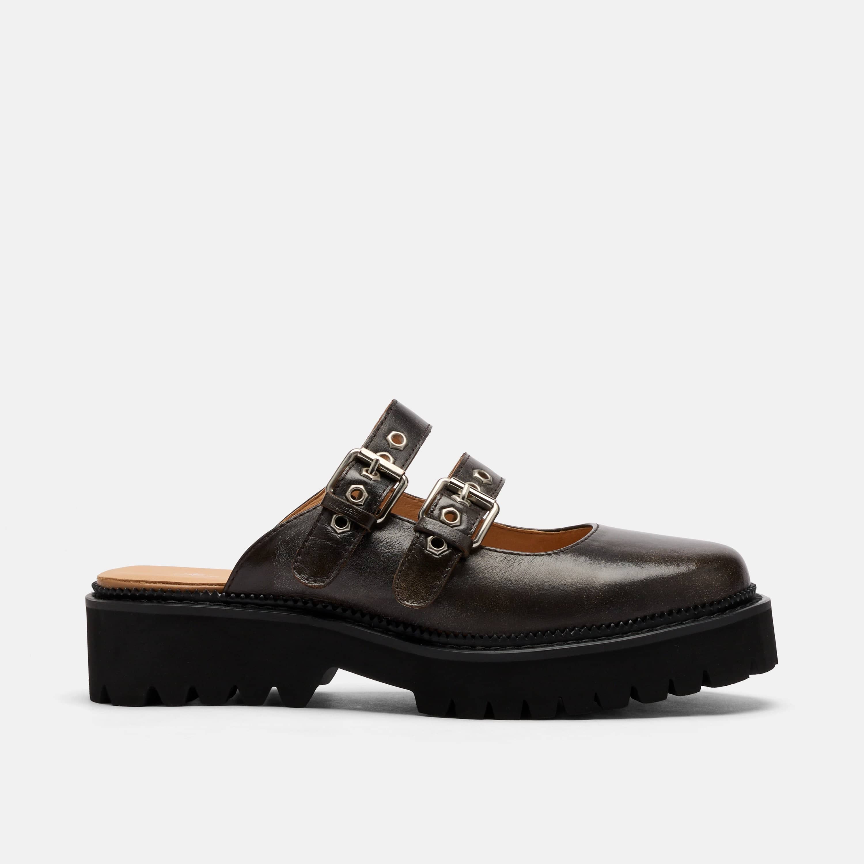 Lexi Brown Distressed Leather Double Buckle Mules