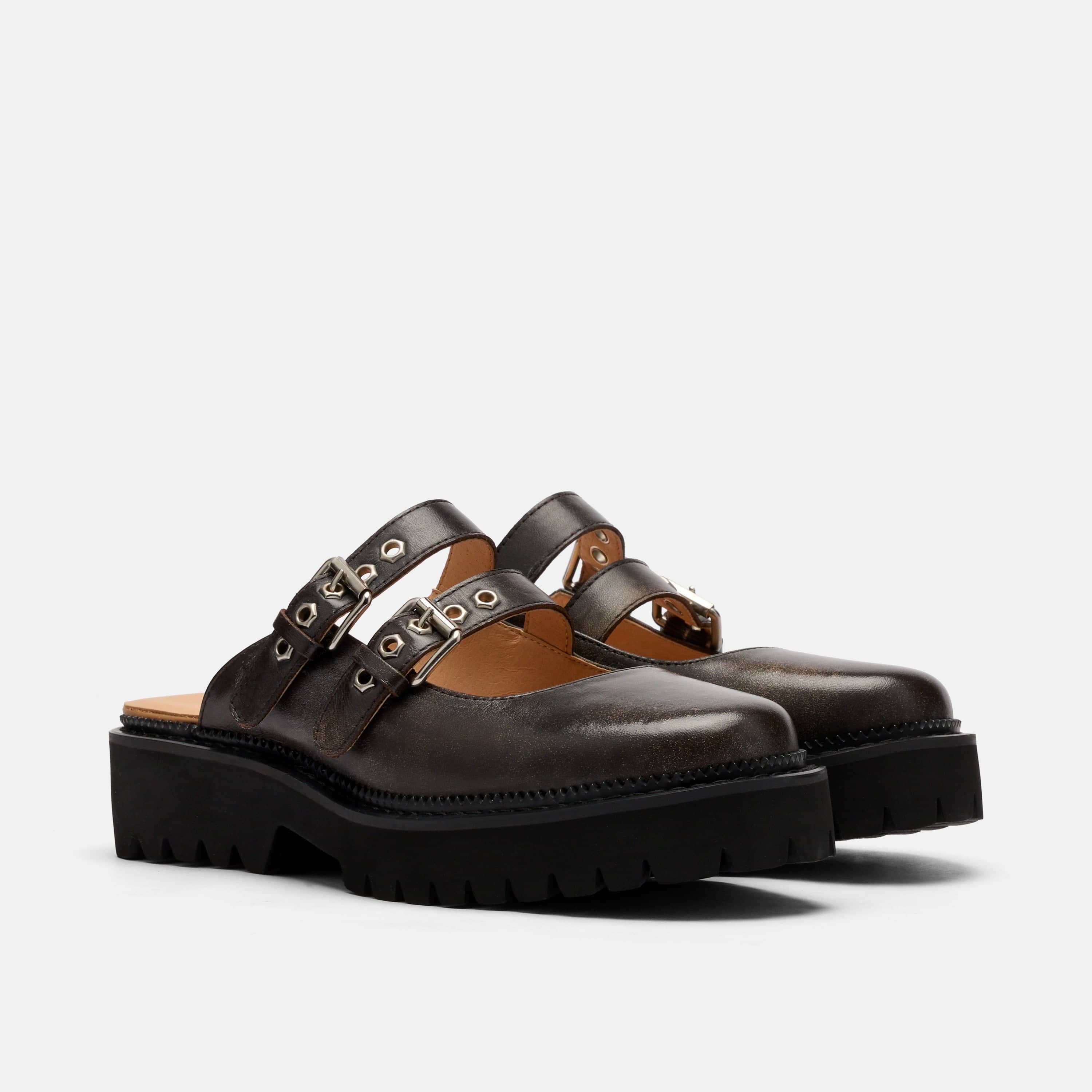 Lexi Brown Distressed Leather Double Buckle Mules