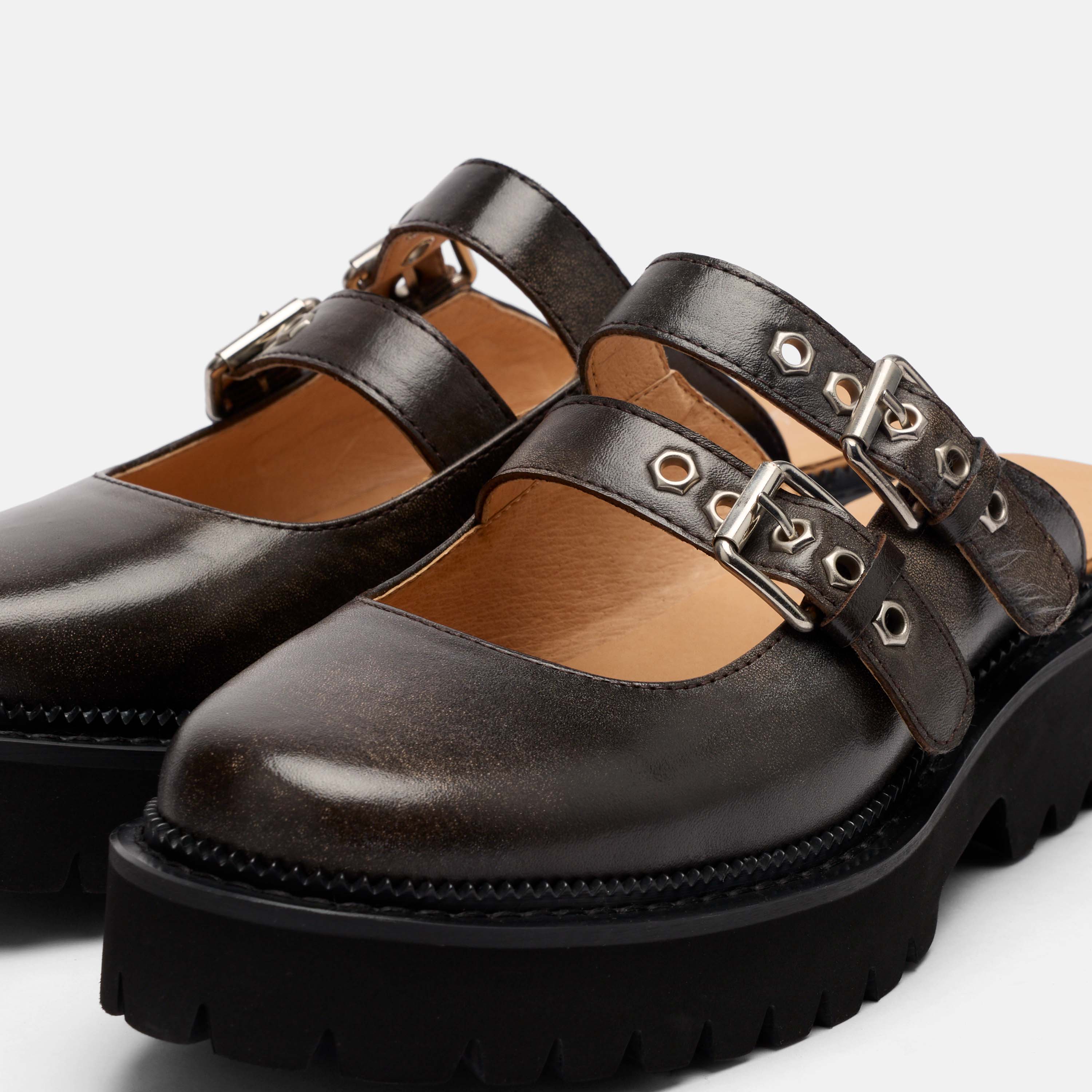 Lexi Brown Distressed Leather Double Buckle Mules