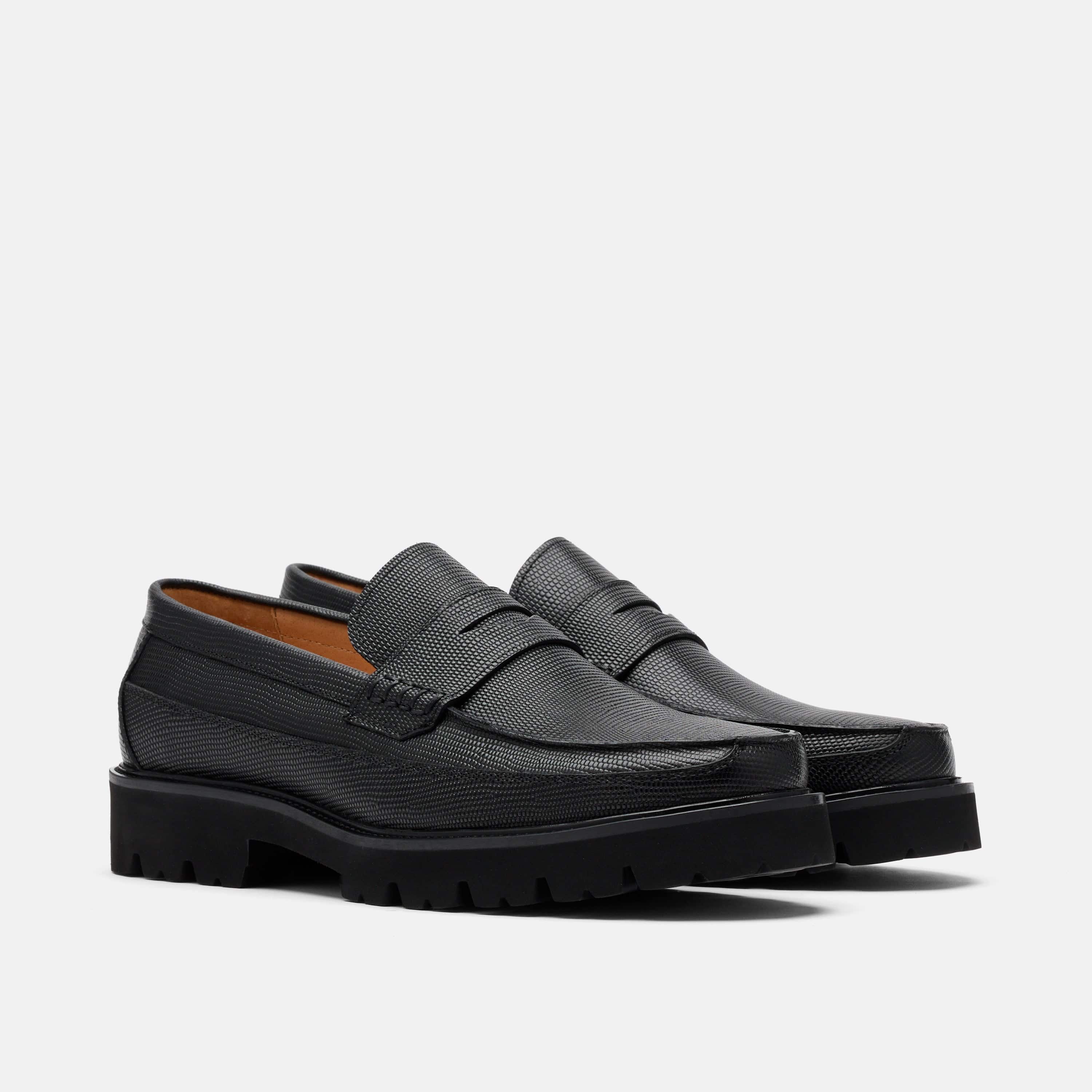 Adler Black Lizard Leather Lug Penny Loafers
