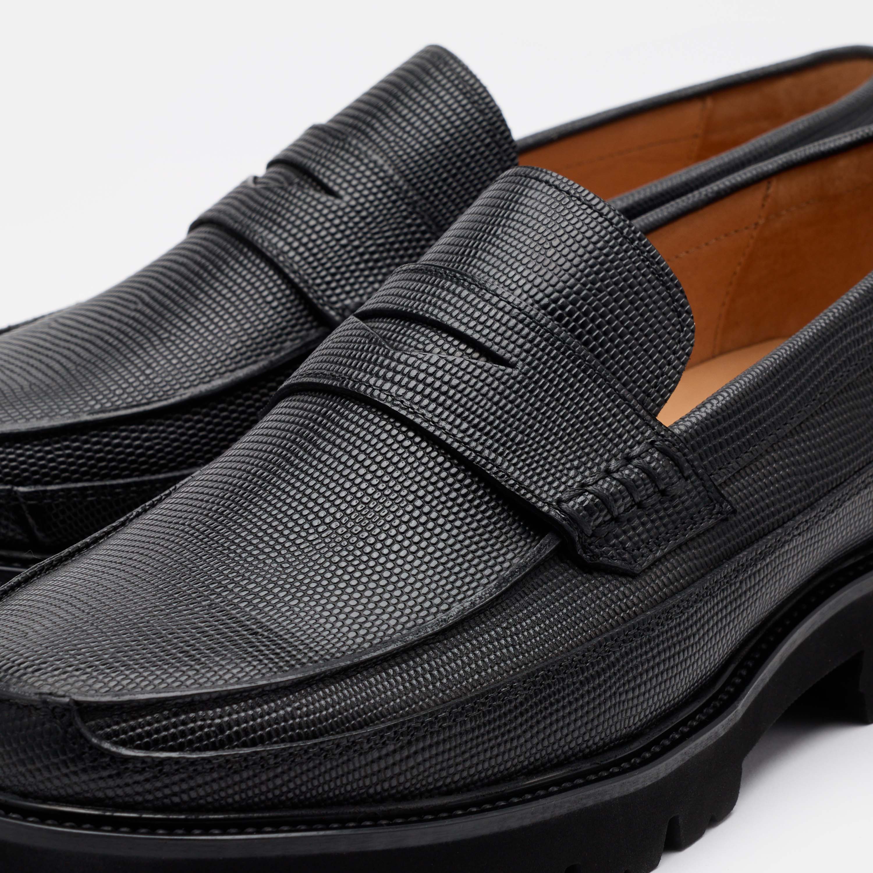 Adler Black Lizard Leather Lug Penny Loafers