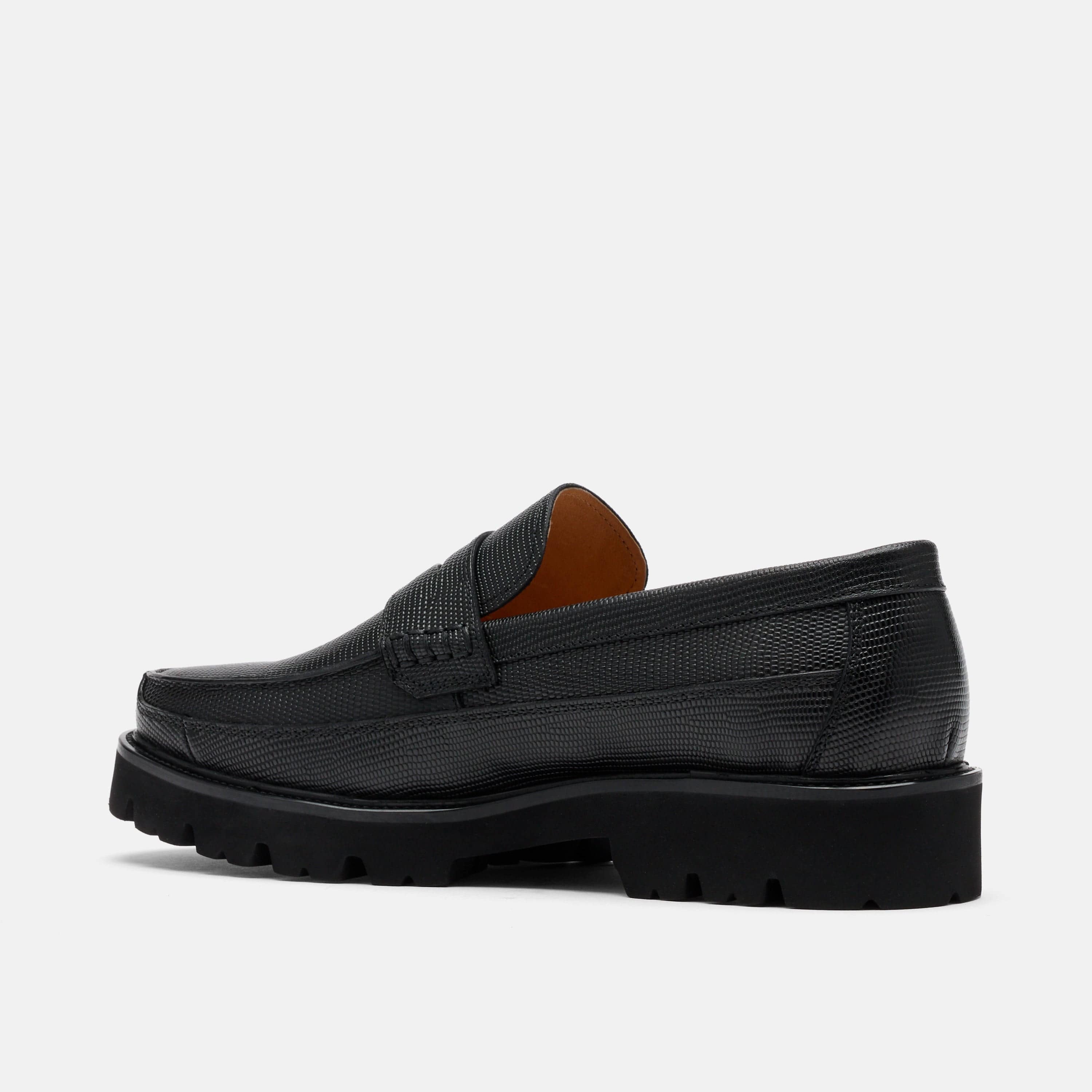 Adler Black Lizard Leather Lug Penny Loafers